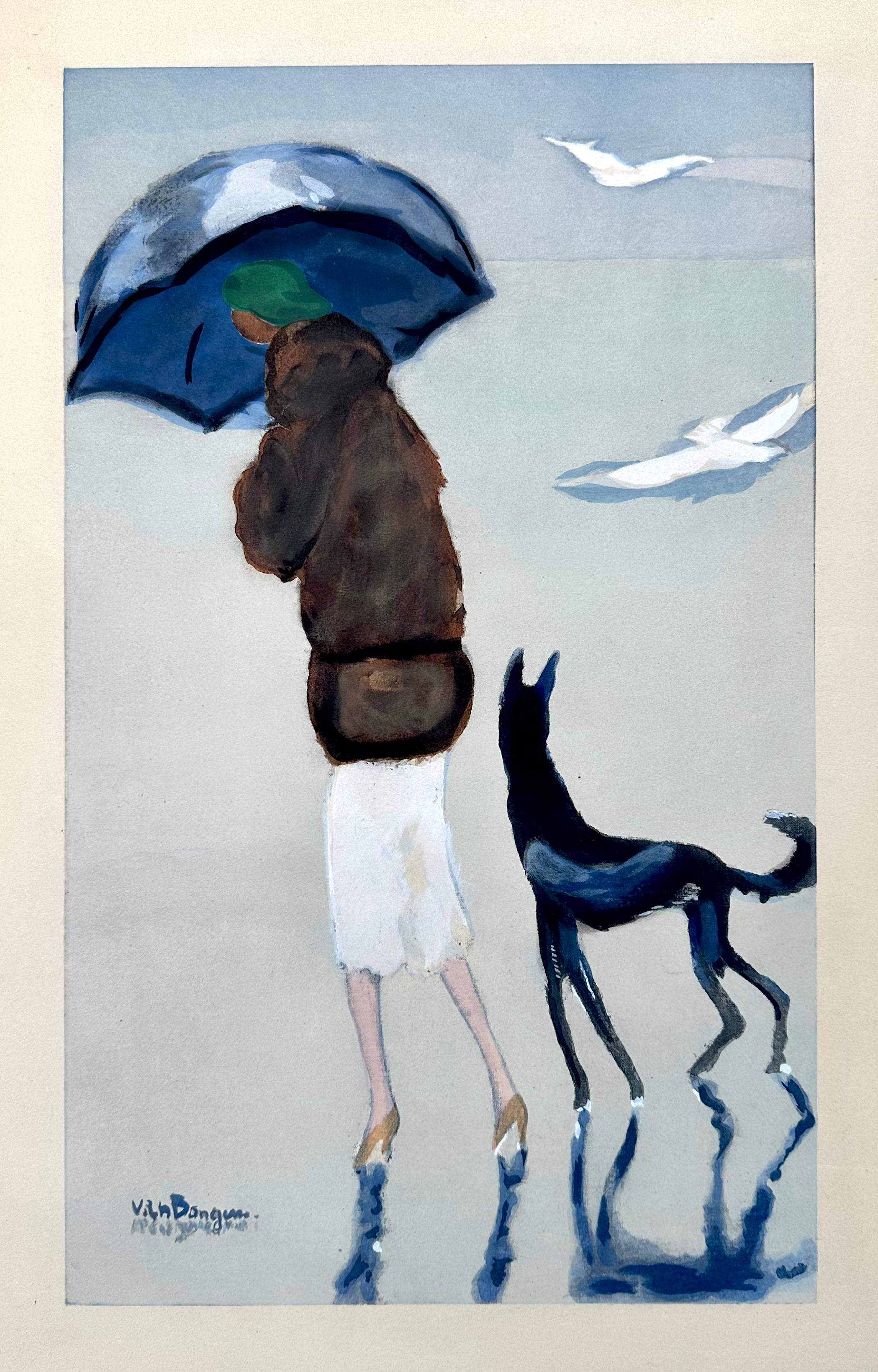 Kees van Dongen Figurative Print - Woman with a dog on the Beach
