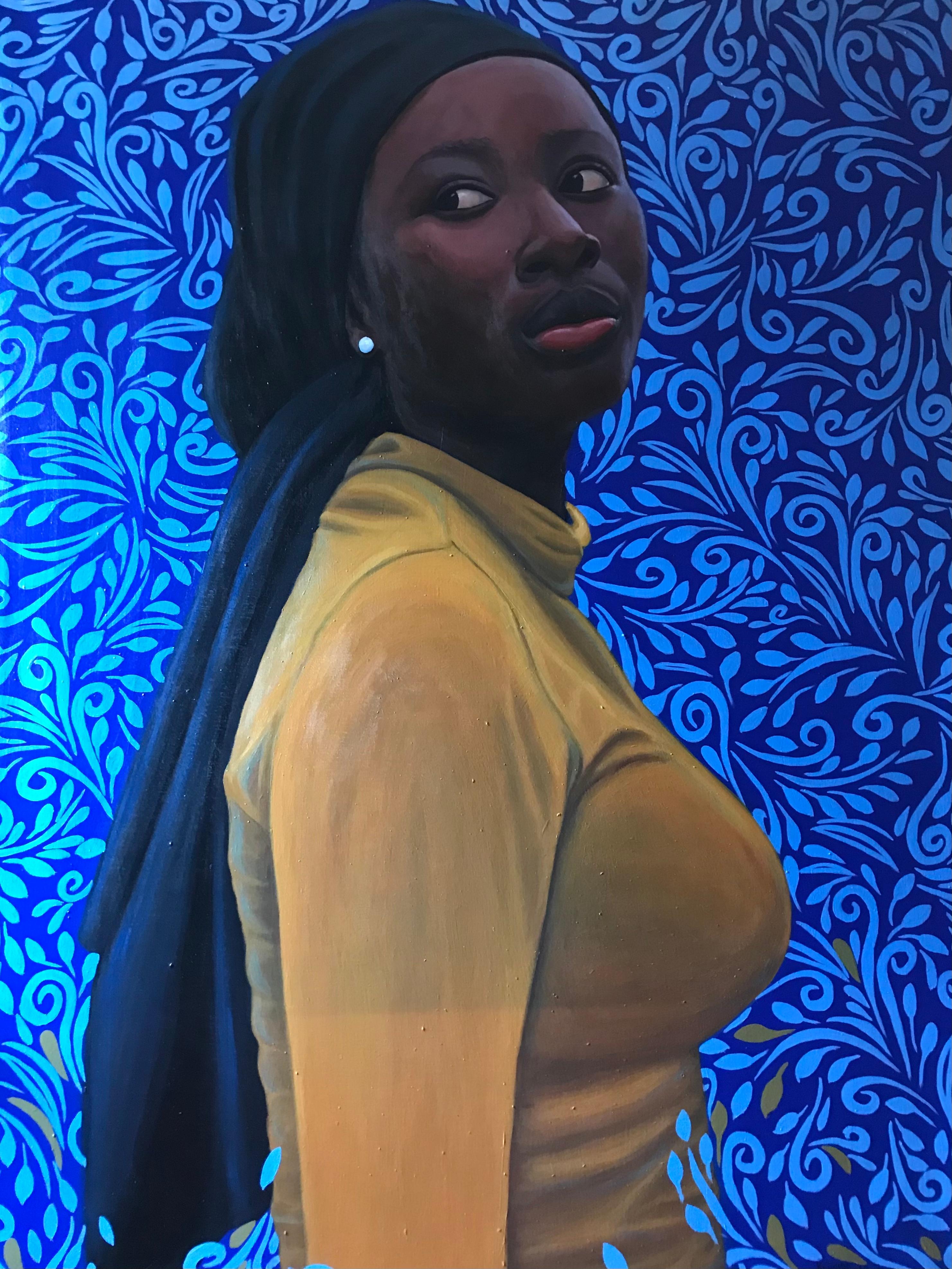 Figurative Painting de Kehinde Mayowa - Dauntless 3 -Siglo XXI Contemporáneo, Retrato figurativo, Mujer, Motivo azul