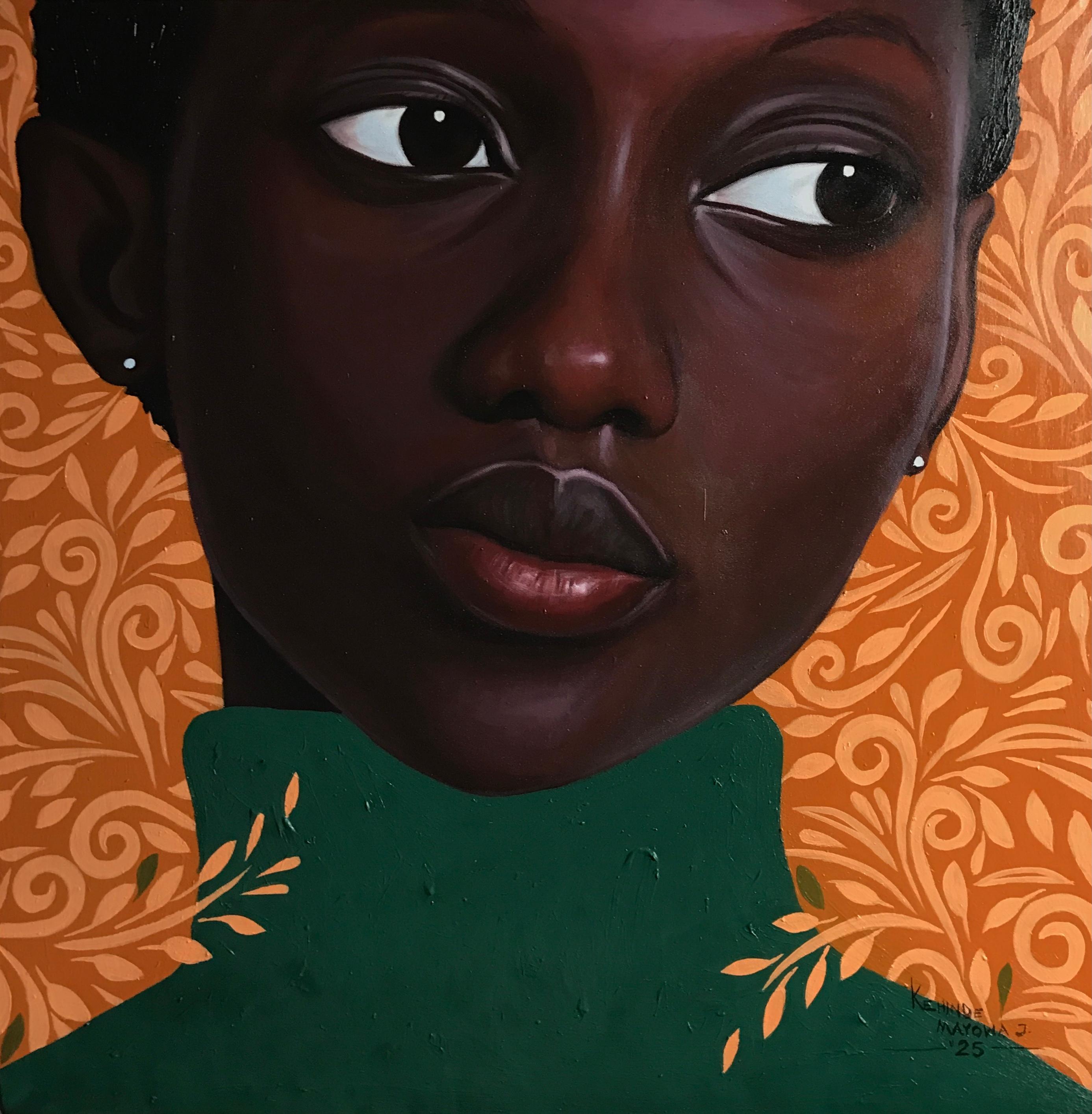 Kehinde Mayowa Figurative Painting – Echoes of Elsewhere - Zeitgenössisches 21. Jahrhundert, Figuratives Porträt, Mutige Frauen