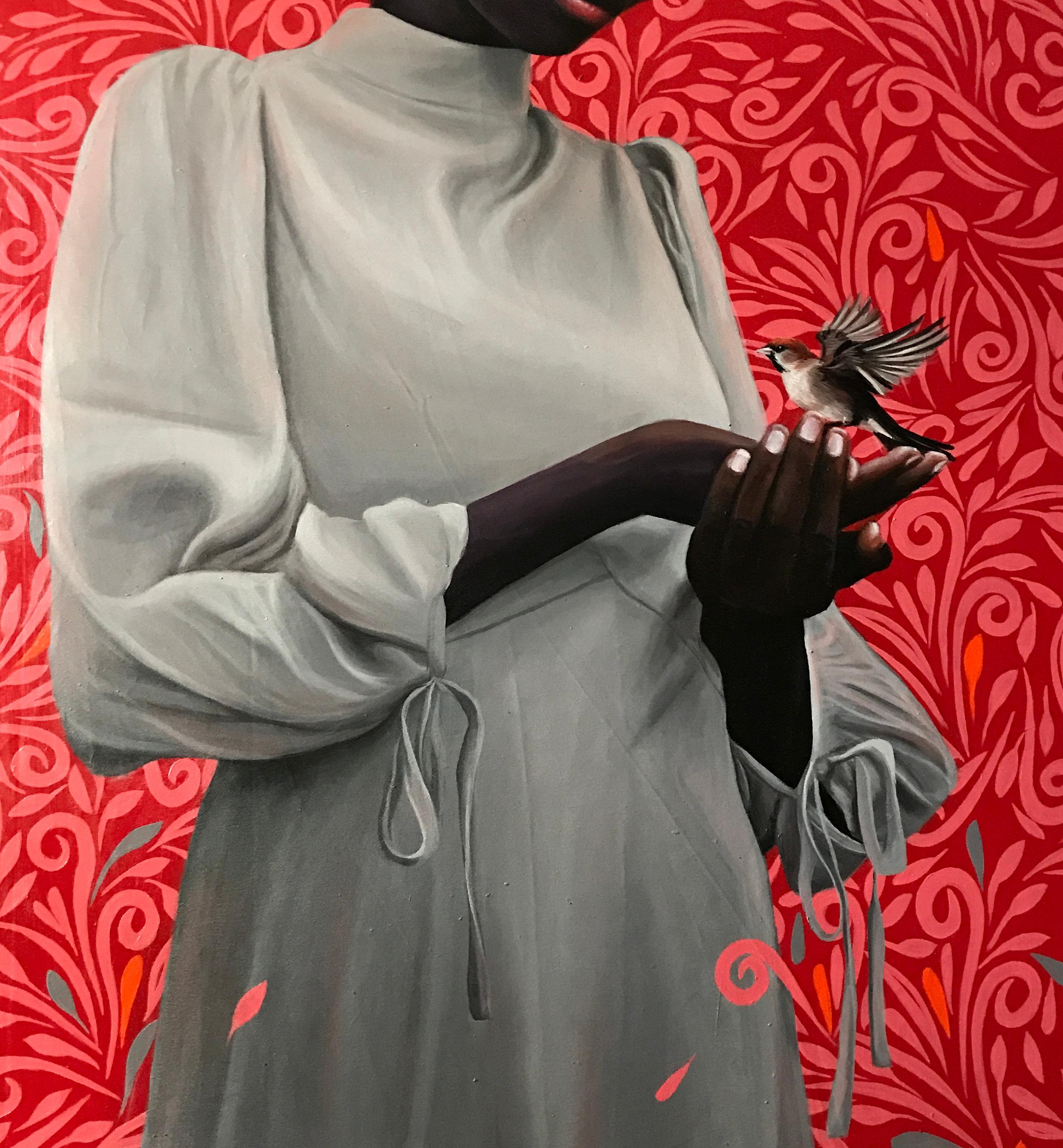 Worthy Than a Sparrow 2 - XXI secolo contemporaneo, Figurativo, Uccello, Donna - Figurative Painting Marrone di Kehinde Mayowa