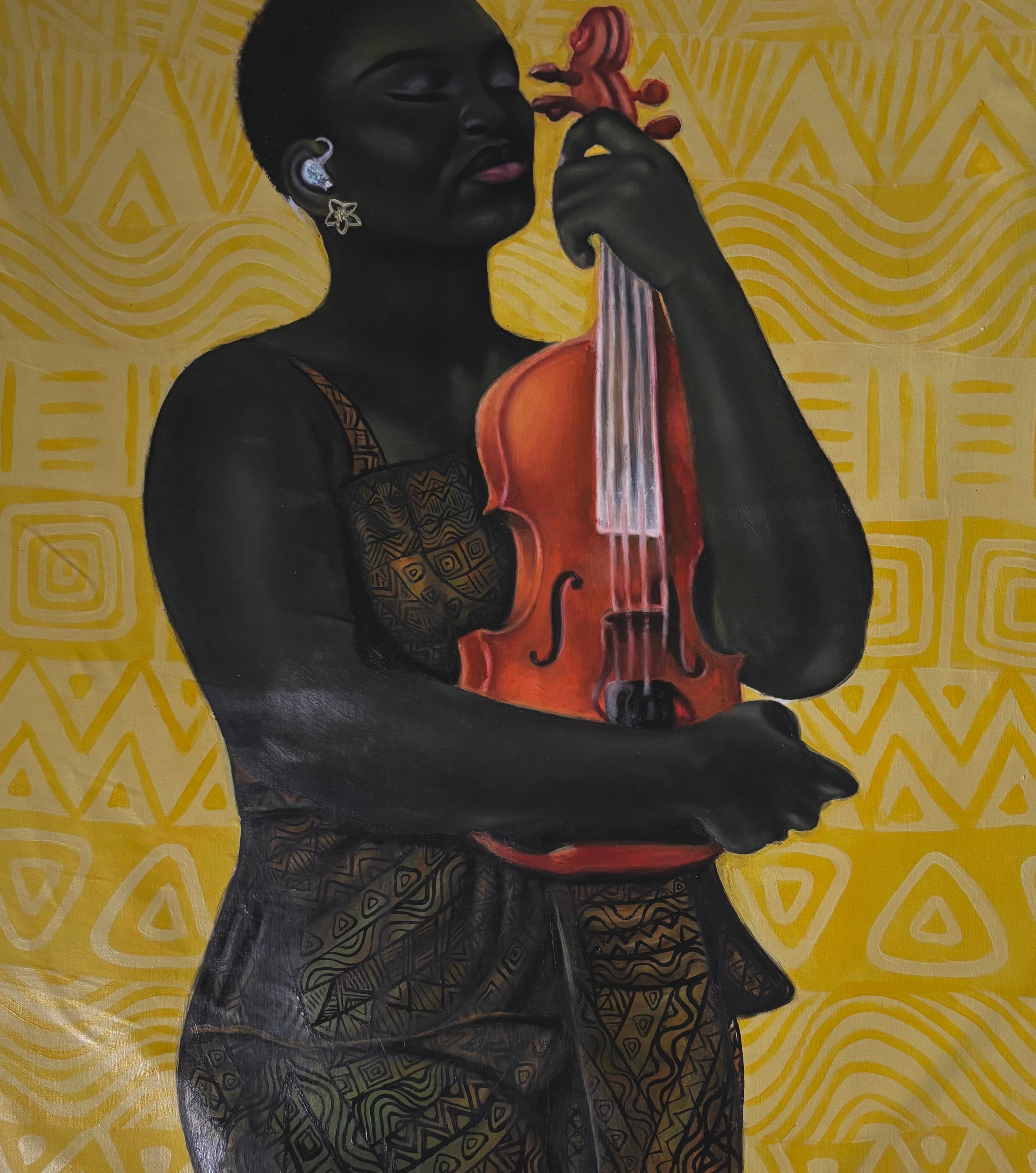 Passion - 21. Jahrhundert, Zeitgenössisch, Figuratives Porträt, Moderne Frauen, Musik (Braun), Figurative Painting, von Kehinde Oyafajo