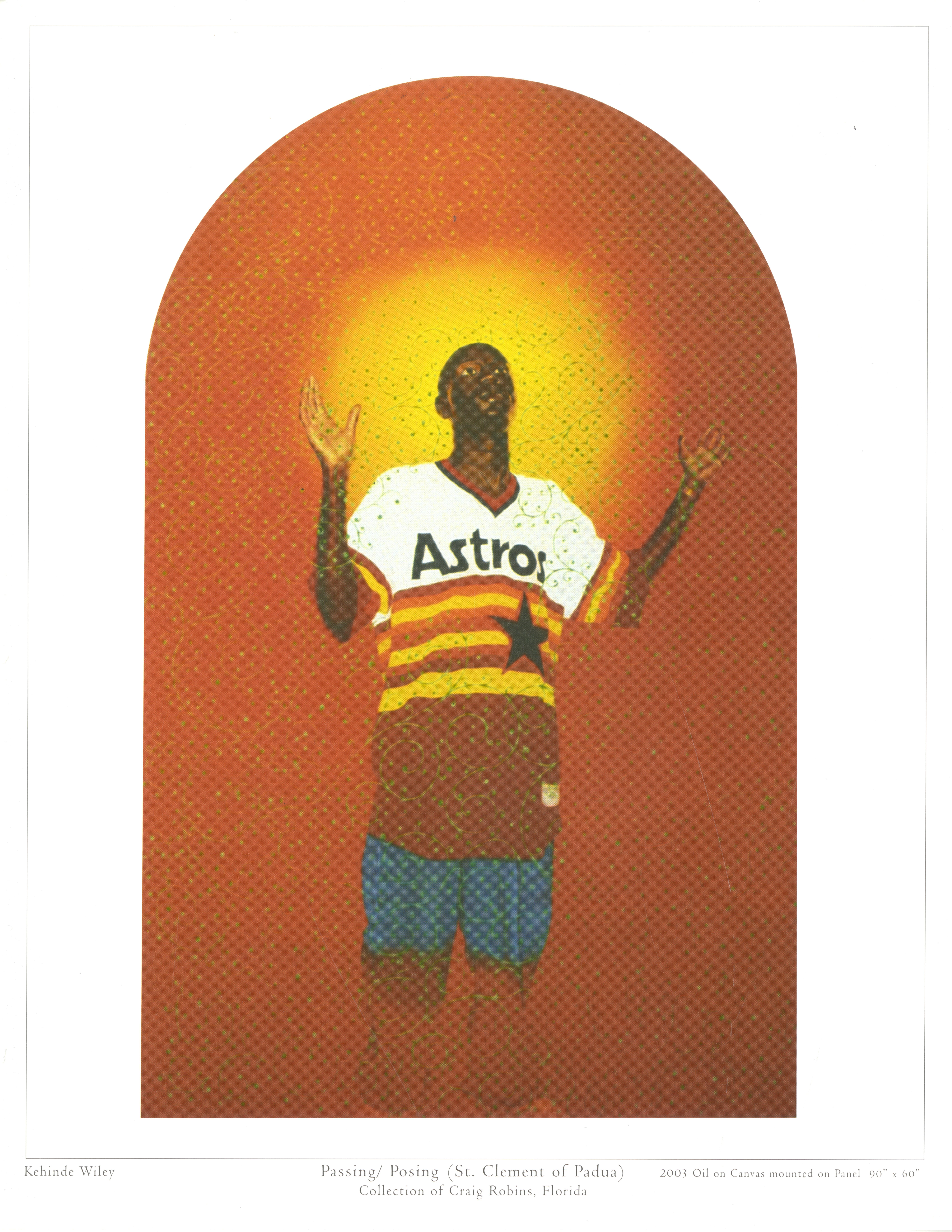 Kehinde Wiley
Passing/Posing, Paintings & Faux Chapel (suite of 18 separate prints), 2004
Portfolio of 18 Separate Color offset lithographs in original black paste board portfolio box with hand signed and numbered coat of arms bookplate
Hand signed