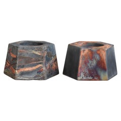 Keihatsu Paquete de 2 Portacandelitas de Raku - Cobre Carbón - Decoración de Cerámica Hecha a Mano
