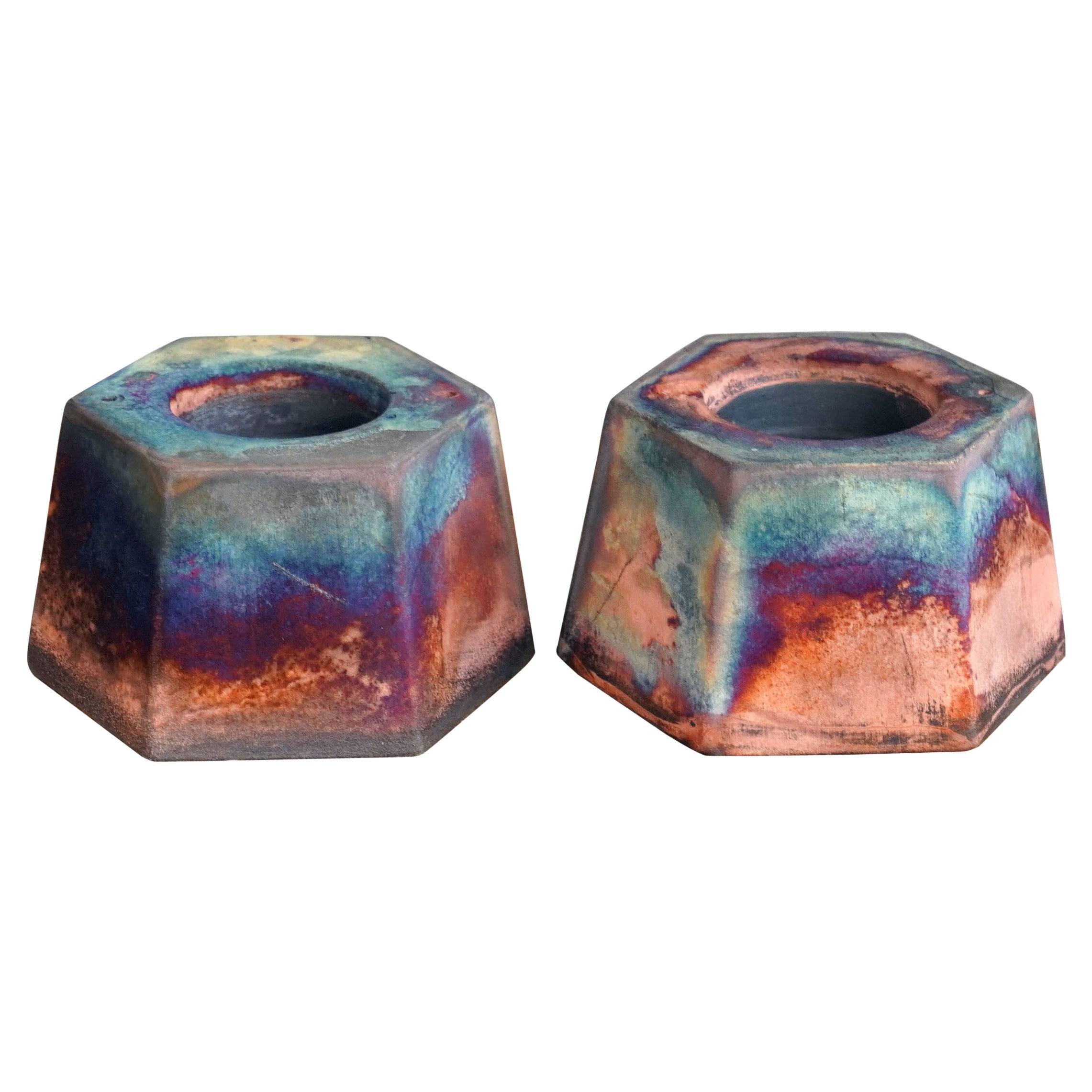 Keihatsu Paquete de 2 Portacandelitas de Raku, Cobre Mate, Decoración de Cerámica Hecha a Mano
