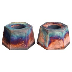 Keihatsu Paquete de 2 Portacandelitas de Raku, Cobre Mate, Decoración de Cerámica Hecha a Mano