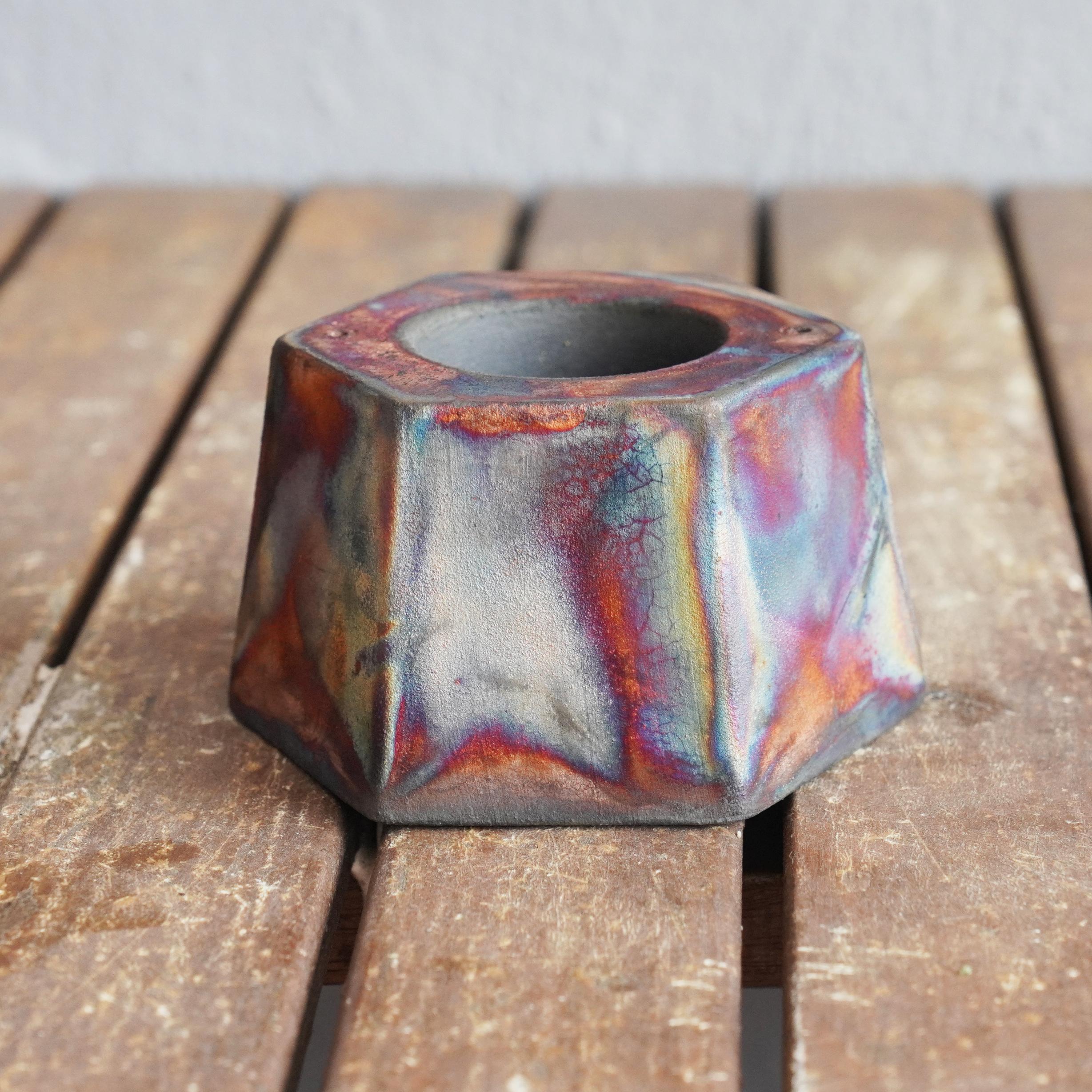 Moderne Keihatsu Raku - Porte-bougies bougie entièrement en cuivre mat poterie de céramique faite à la main en vente