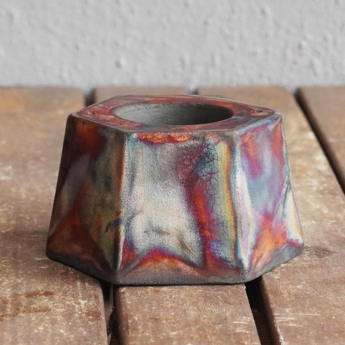 Malaysian Keihatsu Raku Tealight Candle Holder Full Copper Matte Handmade Ceramic Pottery For Sale