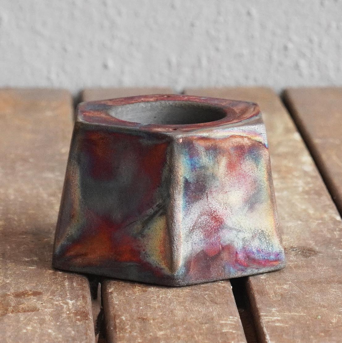 Fired Keihatsu Raku Tealight Candle Holder Full Copper Matte Handmade Ceramic Pottery For Sale