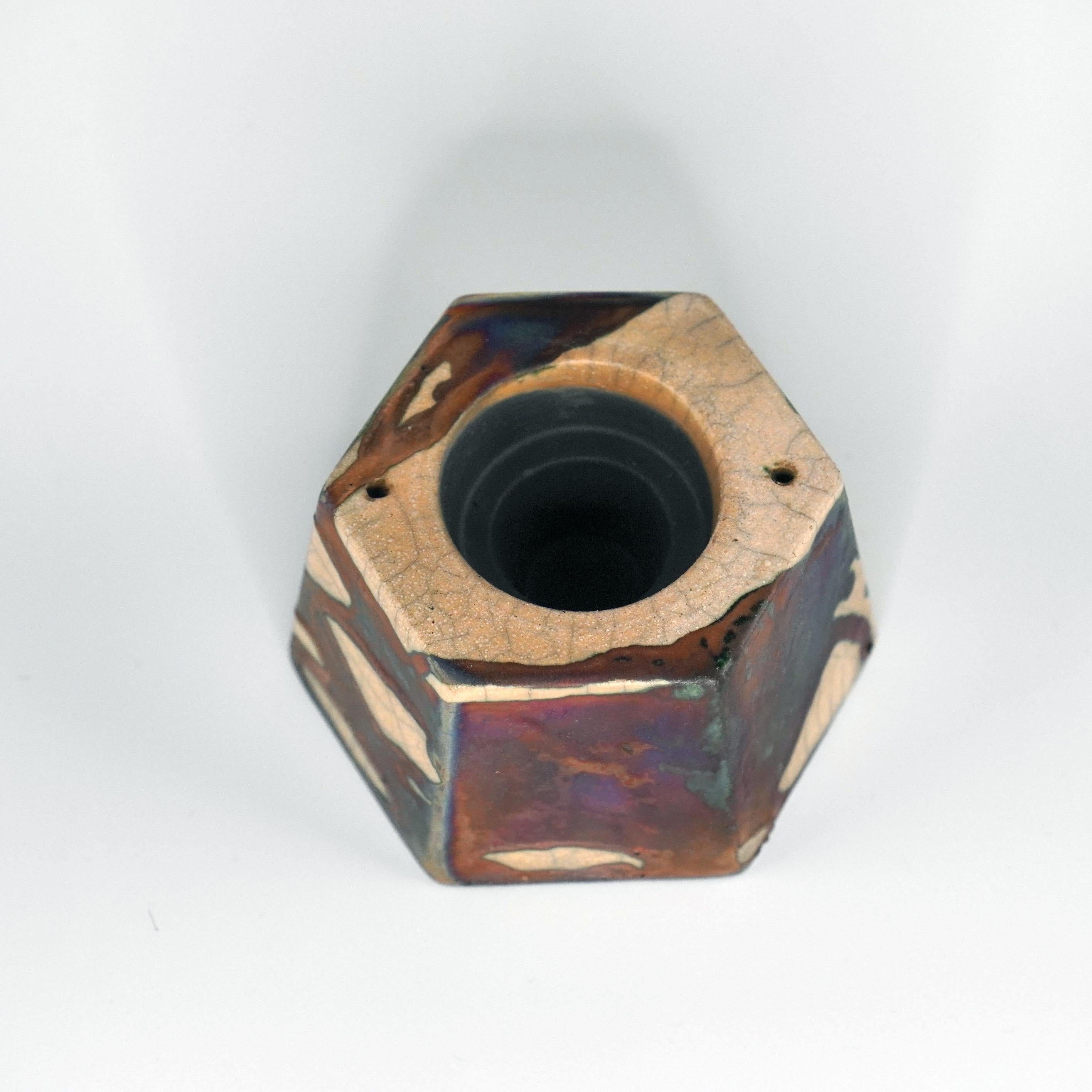 Modern Keihatsu Raku Tealight Candle Holder Half Copper Matte Handmade Ceramic Pottery For Sale