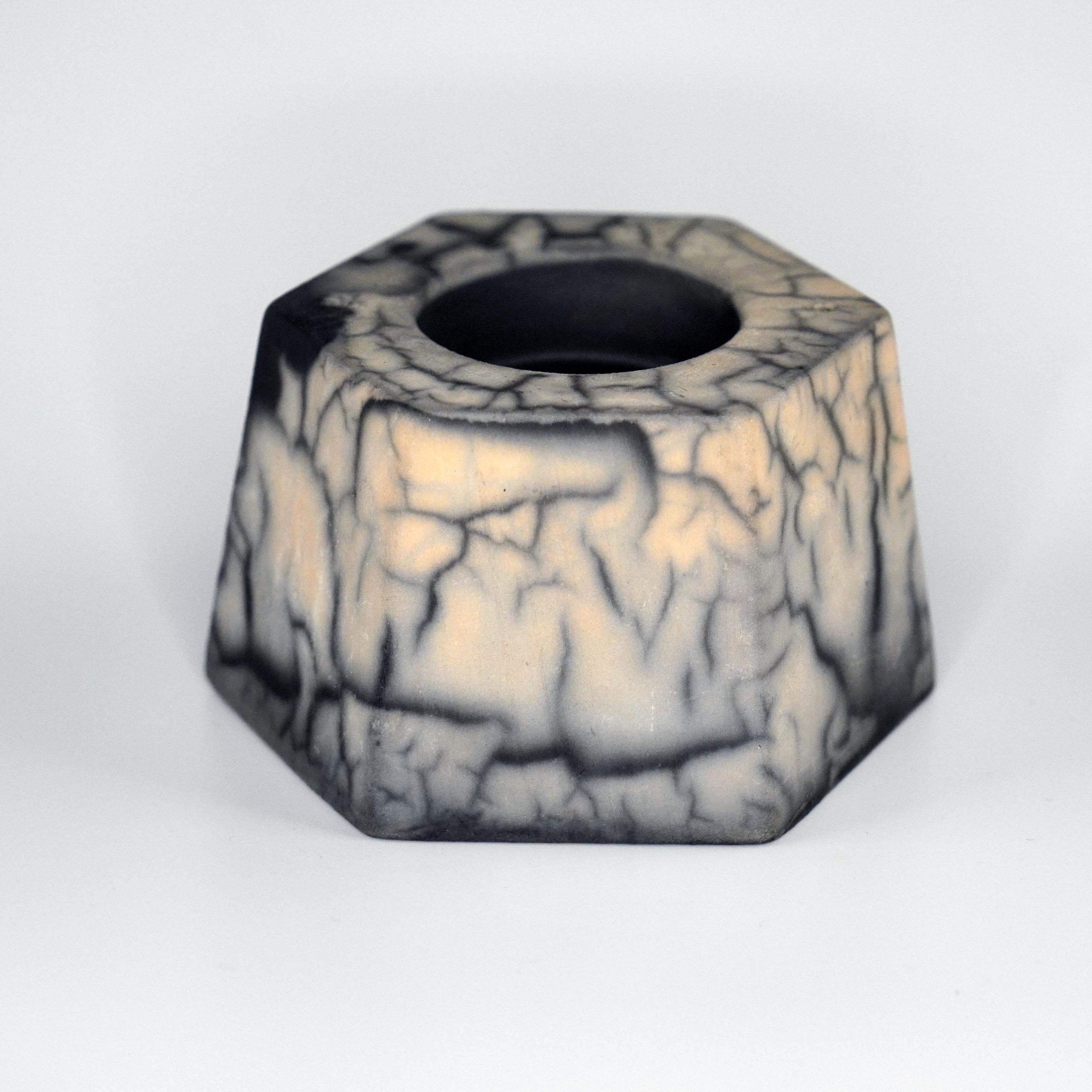 Modern Keihatsu Raku Tealight Candle Holder - Smoked Raku - Handmade Ceramic Pottery For Sale