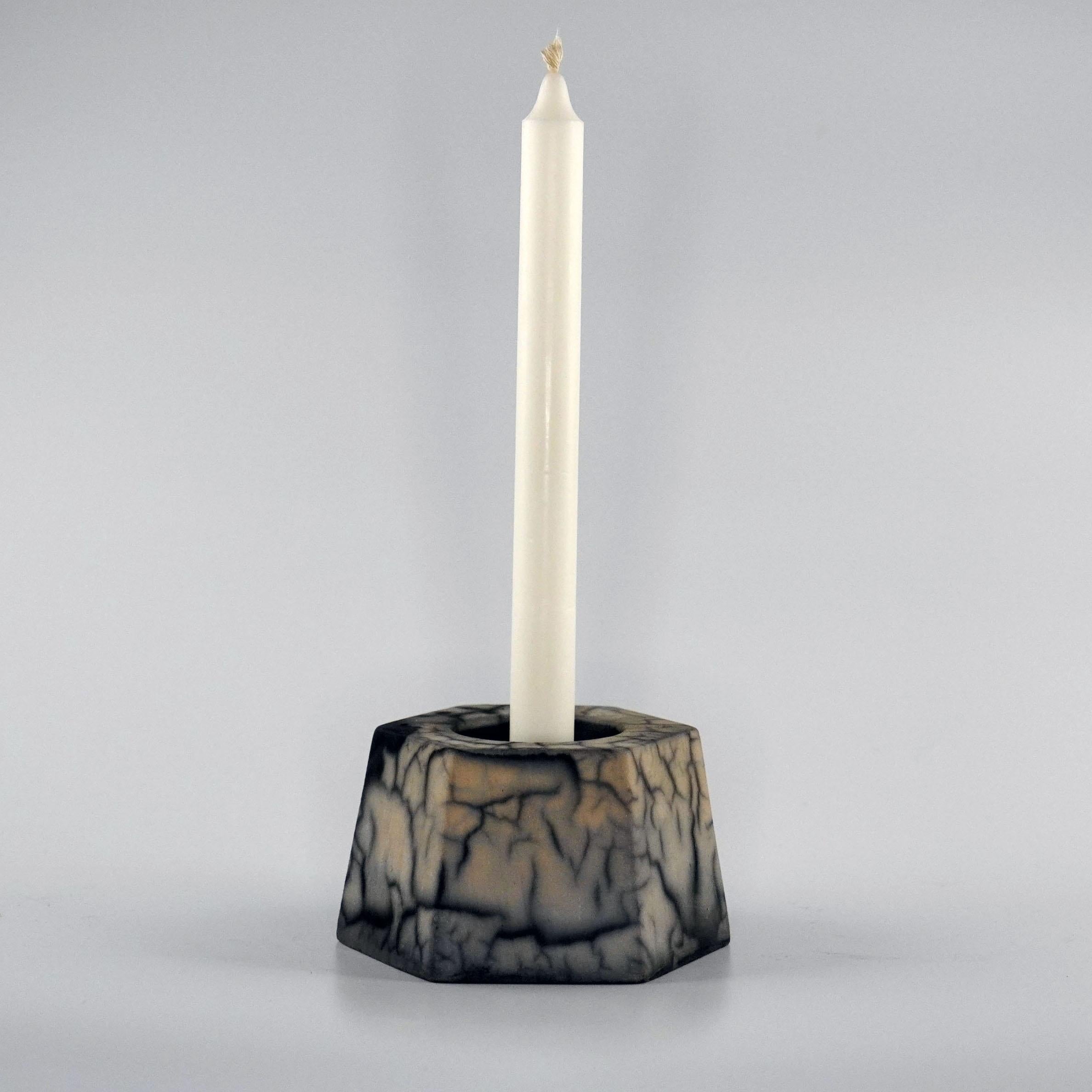 Fired Keihatsu Raku Tealight Candle Holder - Smoked Raku - Handmade Ceramic Pottery For Sale