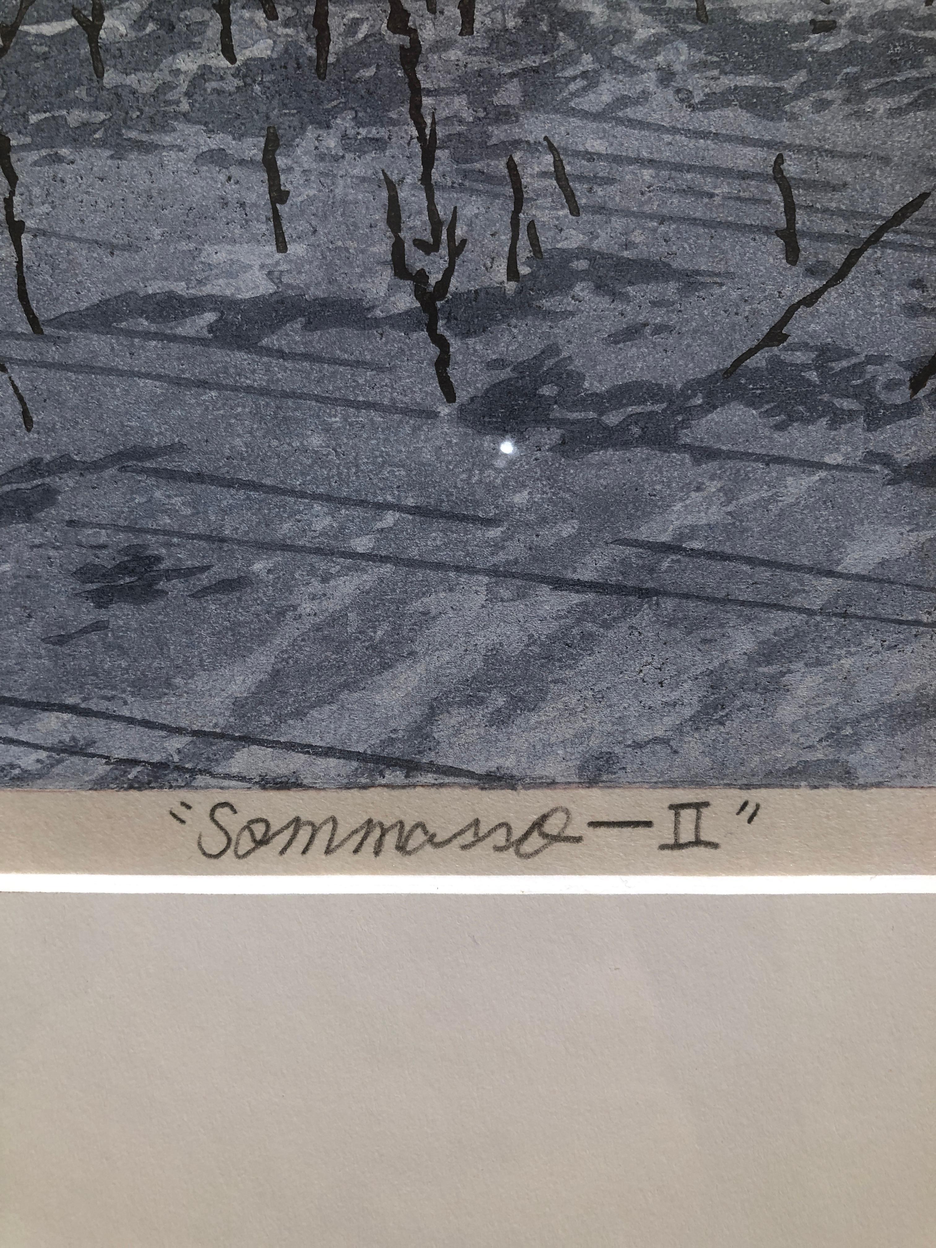 Sommesso II, blue and gray Ukiyo-e landscape woodblock print, 2016 - Contemporary Print by Keiji Shinohara