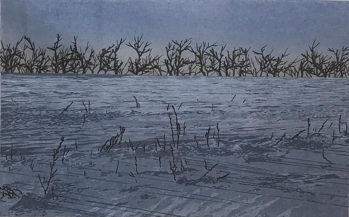 Sommesso II, blue and gray Ukiyo-e landscape woodblock print, 2016
