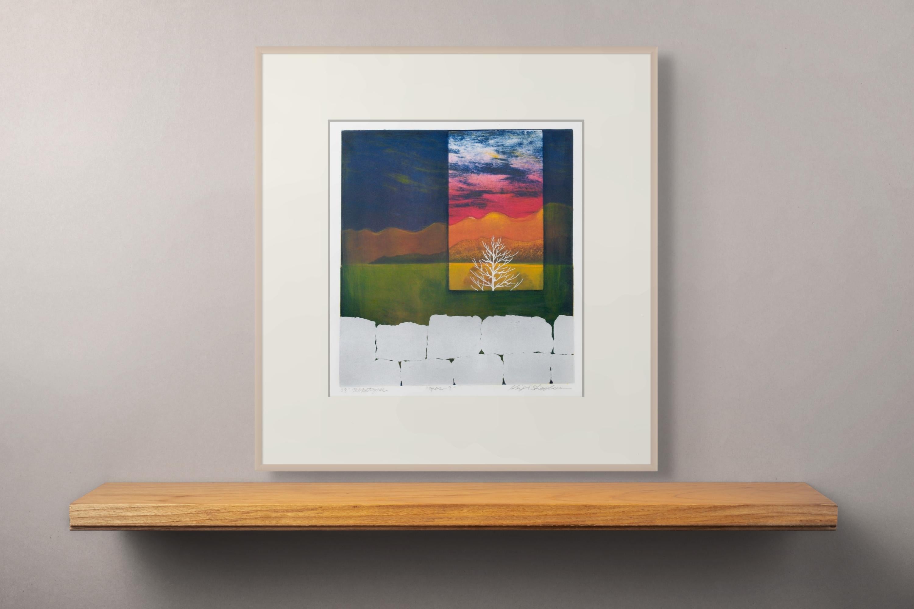 Opus 9, Abstract Sunset Landscape Woodcut Monoprint, 22 x 21 IN Framed - Art by Keiji Shinohara