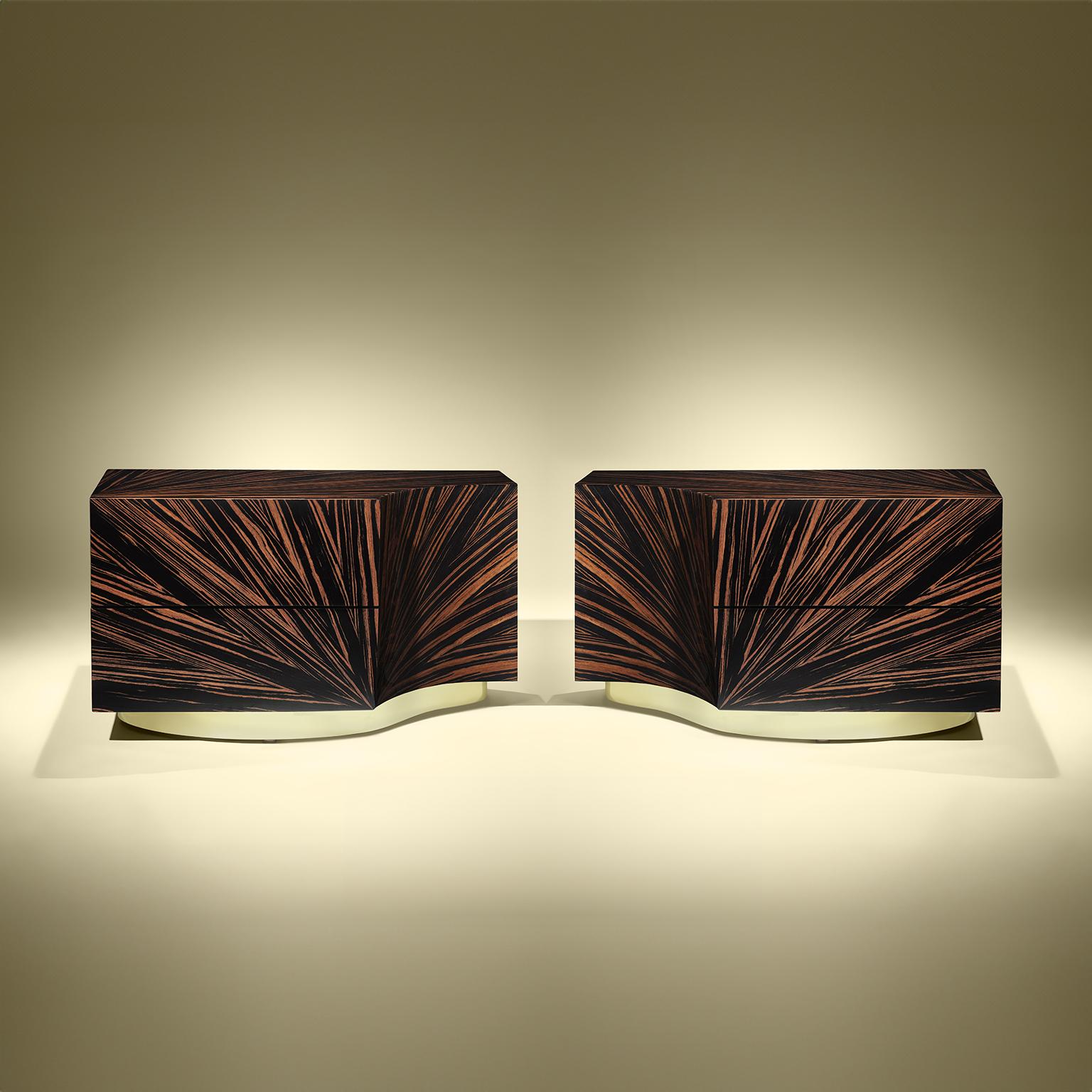 Bedside table in ebony with marquetry technique and metal base.

Bespoke / customizable
Identical shapes with different sizes and finishing’s.
All RAL colors available. (Mate / half gloss / gloss).