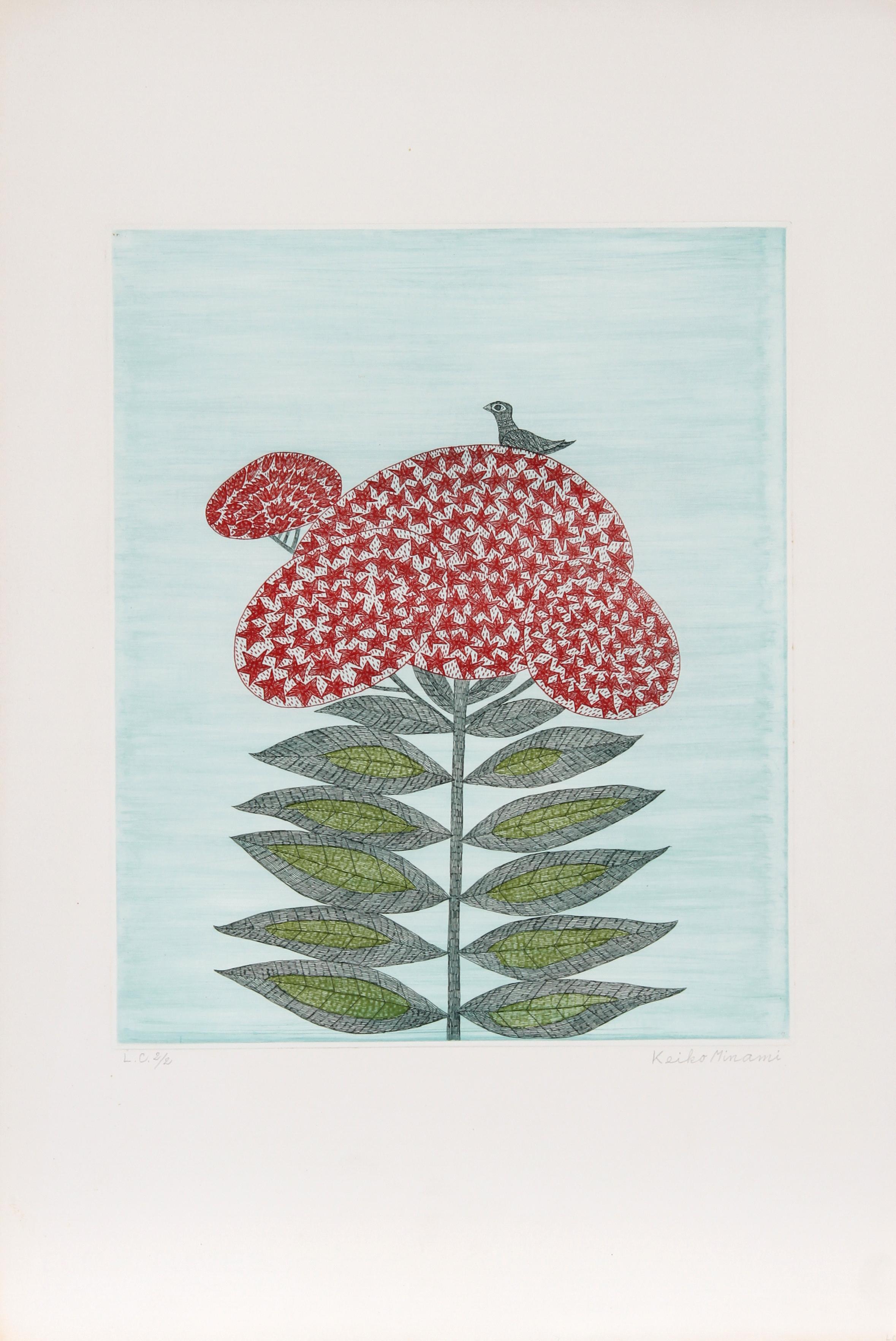 Bird On Flower, Folk Art Aquatint Etching by Keiko Minami For Sale 1
