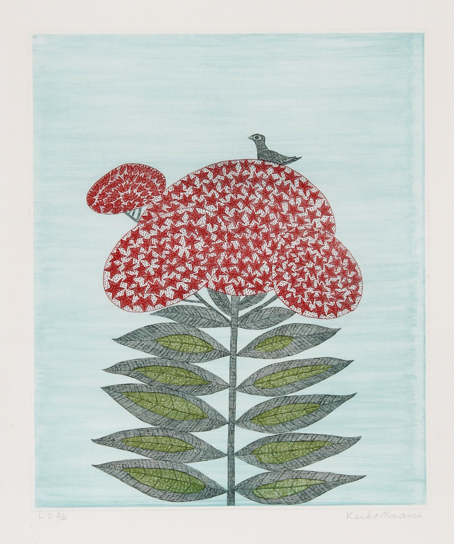 Artistics : Keiko Minami, Japonaise (1911 - 2004)
Titre : Oiseau sur fleur 
Année : vers 1985
Moyen : Aquatinte Gravure, signée et numérotée au crayon
Édition : 120
Taille de l'image : 13 x 11 pouces 
Taille : 22 in. x 15 in. (55.88 cm x 38.1 cm)