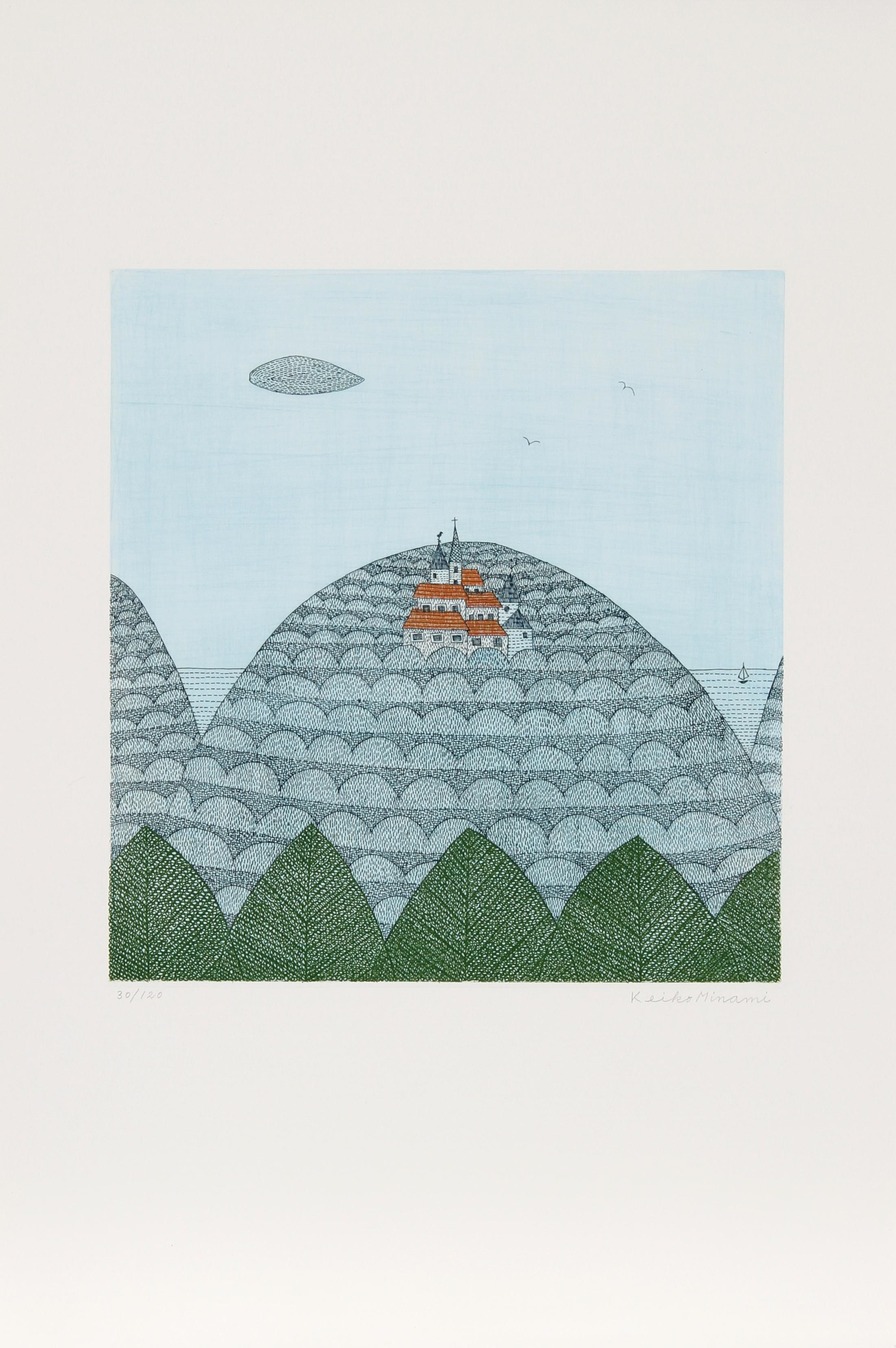 Artist: Keiko Minami, Japanese (1911 - 2004)
Title: Castle
Year: circa 1985
Medium: Aquatint Etching, Signed and numbered in pencil
Edition: 120
Image Size: 12 x 11 inches 
Size: 22 in. x 15 in. (55.88 cm x 38.1 cm)