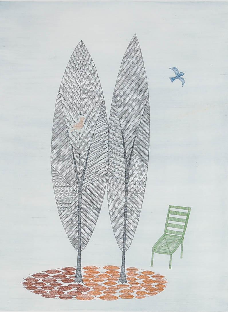 Keiko Minami (1911–2004) - 20th Century Etching, Autumn Trees, Green Chair 1