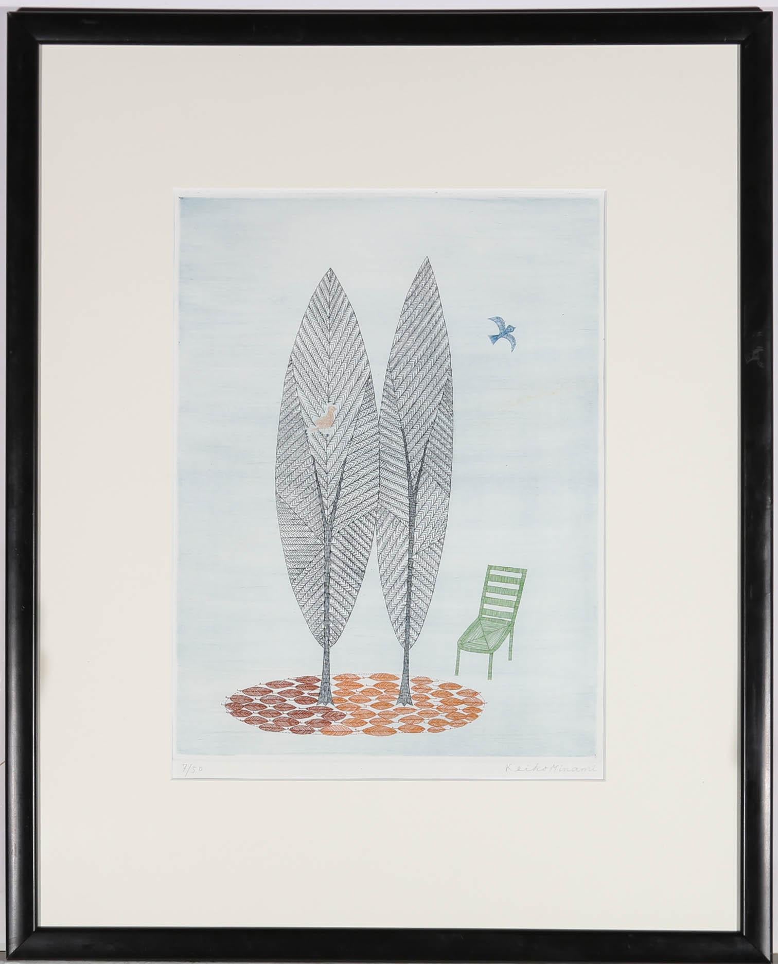An utterly charming etching from the prolific and successful print maker, Keiko Minami. The etching has in plate colouring, showing two tall trees, their orange leaves fallen to the ground around the trunks and a green chair to the right. An orange