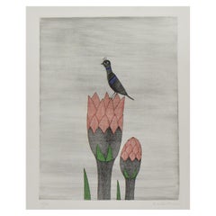 Keiko Minami Signed Etching Aquatint Bfk Rives Wove 'Feurs Et Oiseau' Japanese