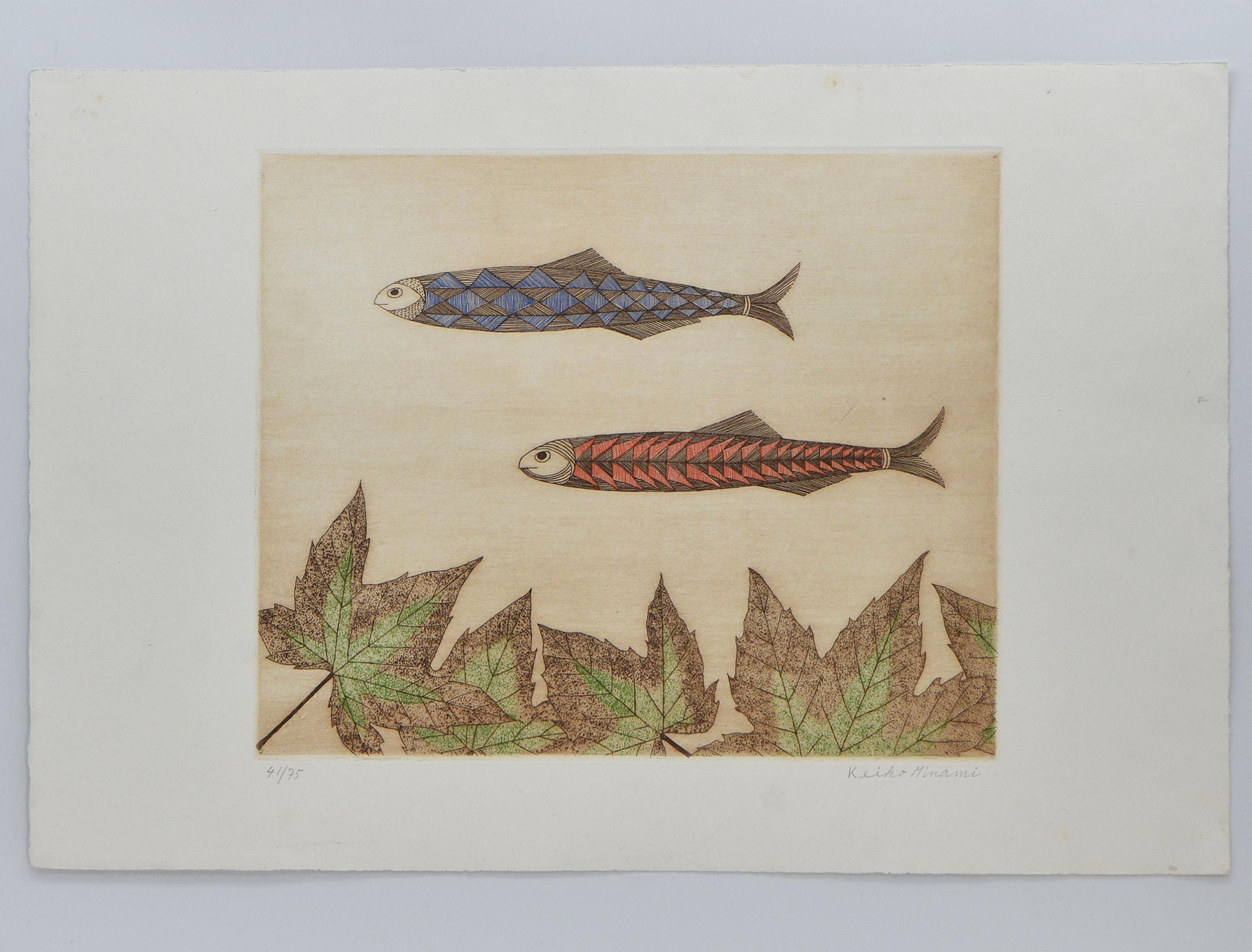 Paper Keiko Minami Signed Etching with Aquatint on Bfk Rives Wove 'Fishes' Japanese For Sale