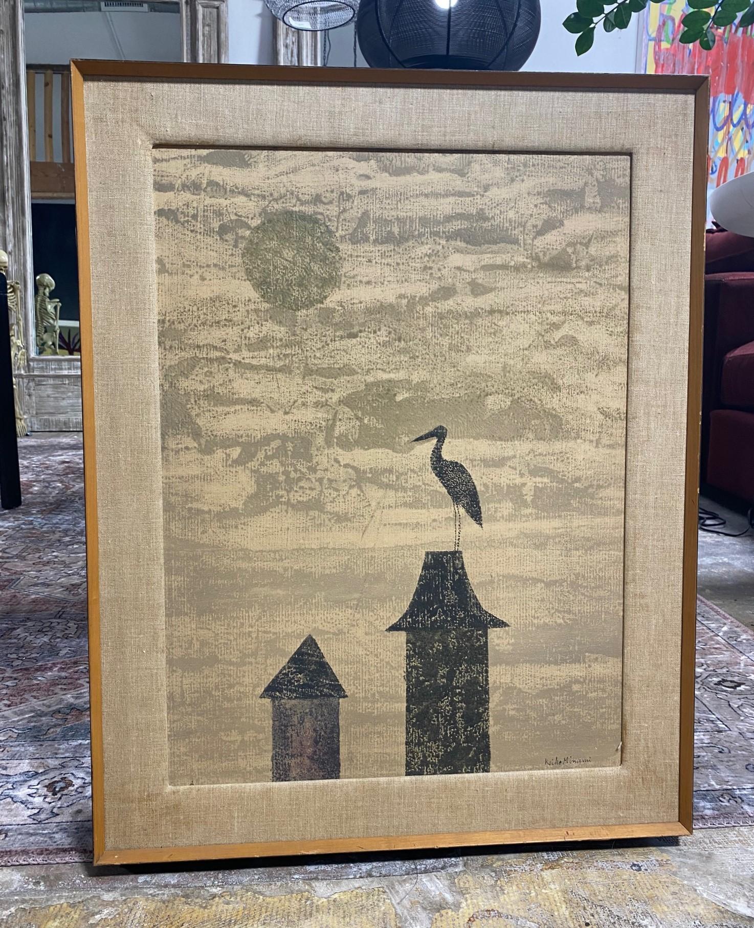 A wonderful and rather beautiful work by famed Japanese artist Keiko Minami who was known for her pictograph-like aquatints with a whimsical, childlike aesthetic. This work features a bird - perhaps a crane - sitting serenely on top of a rooftop