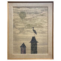 Keiko Minami Signed Framed Large Dai Double Oban Japanese Print Bird on Rooftop