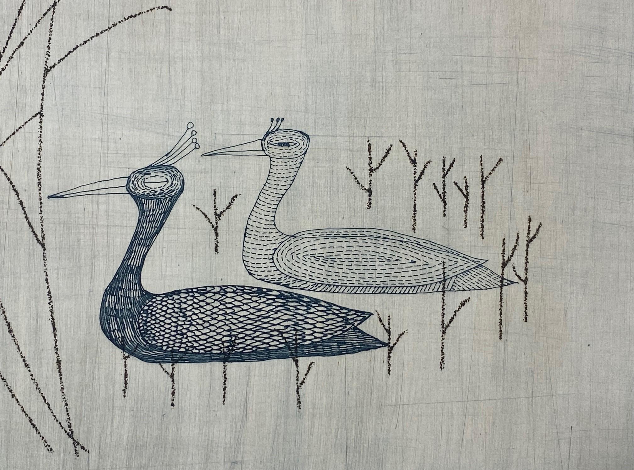Keiko Minami Signed Large Limited Edition Japanese Etching Print Birds and Reeds For Sale 4