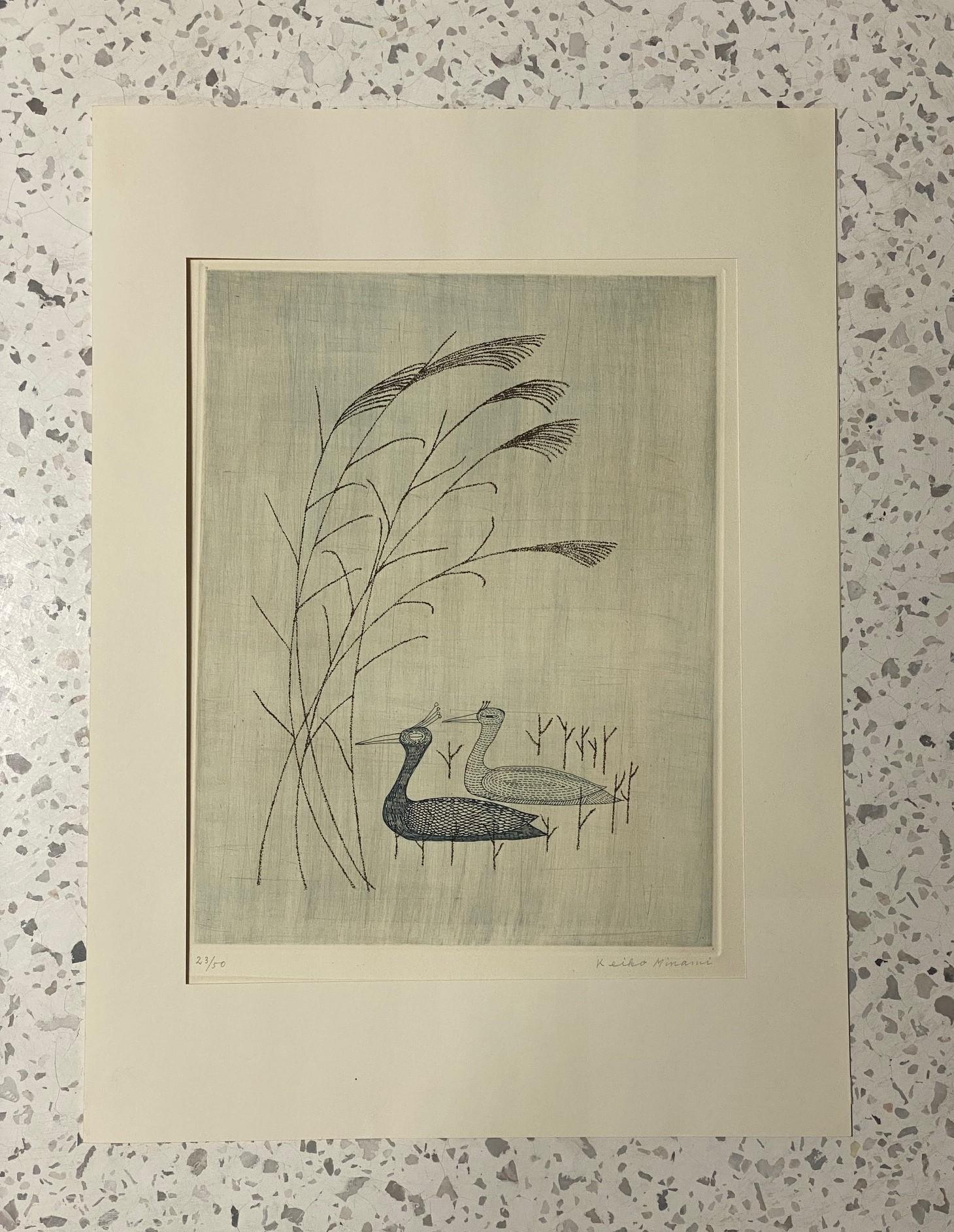 Keiko Minami Signed Large Limited Edition Japanese Etching Print Birds and Reeds For Sale 8