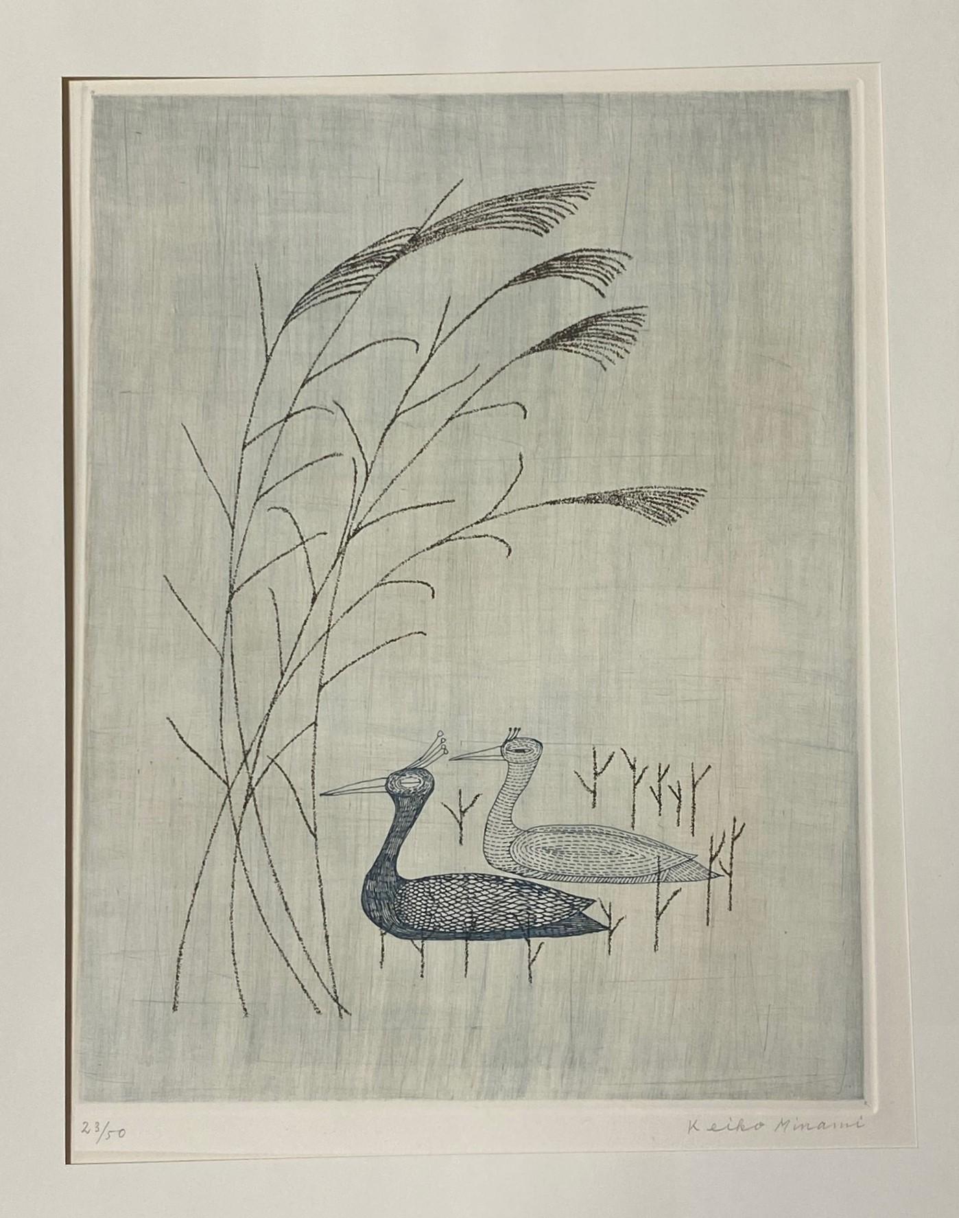 Keiko Minami Signed Large Limited Edition Japanese Etching Print Birds and Reeds For Sale 9