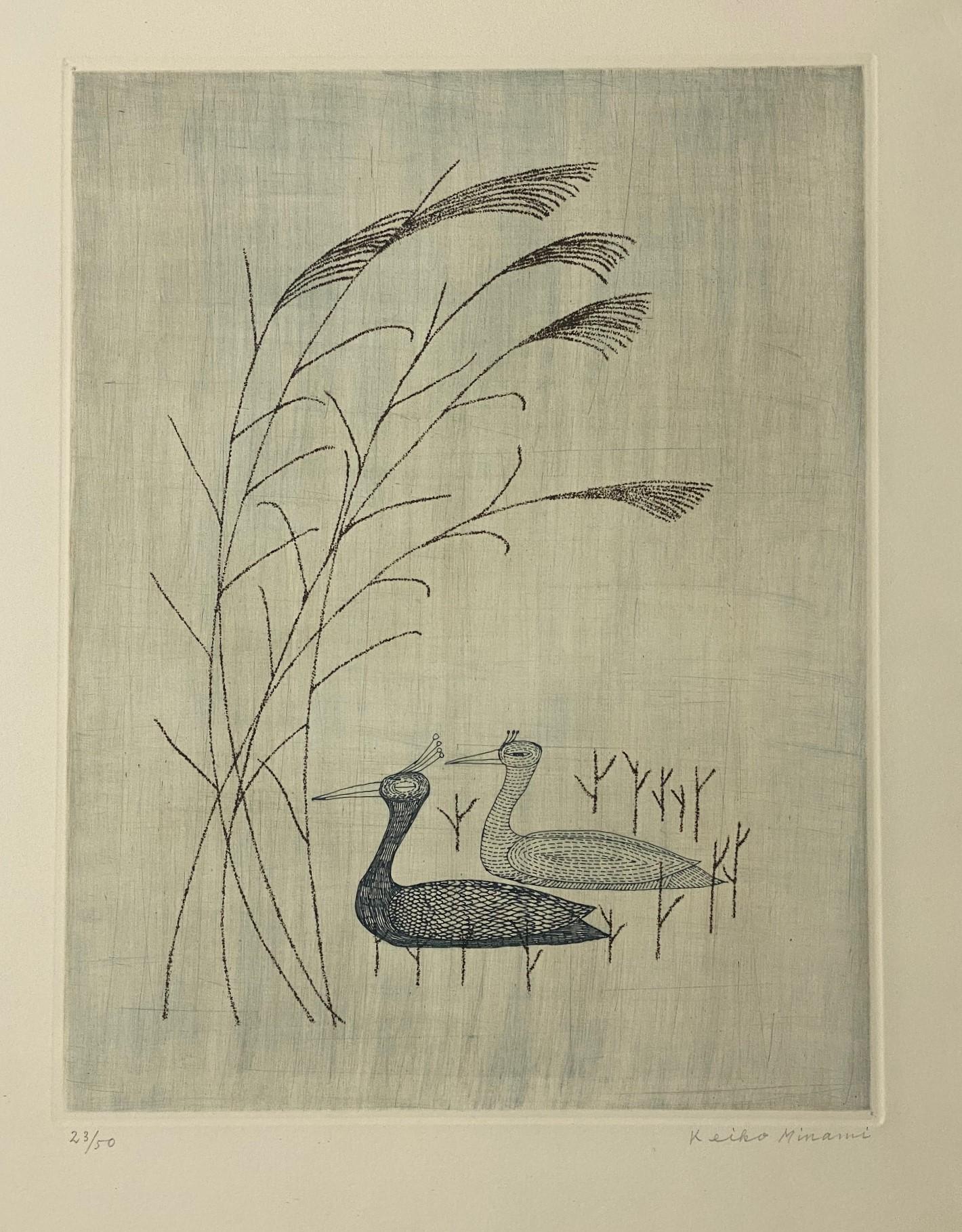 Mid-Century Modern Keiko Minami Signed Large Limited Edition Japanese Etching Print Birds and Reeds For Sale