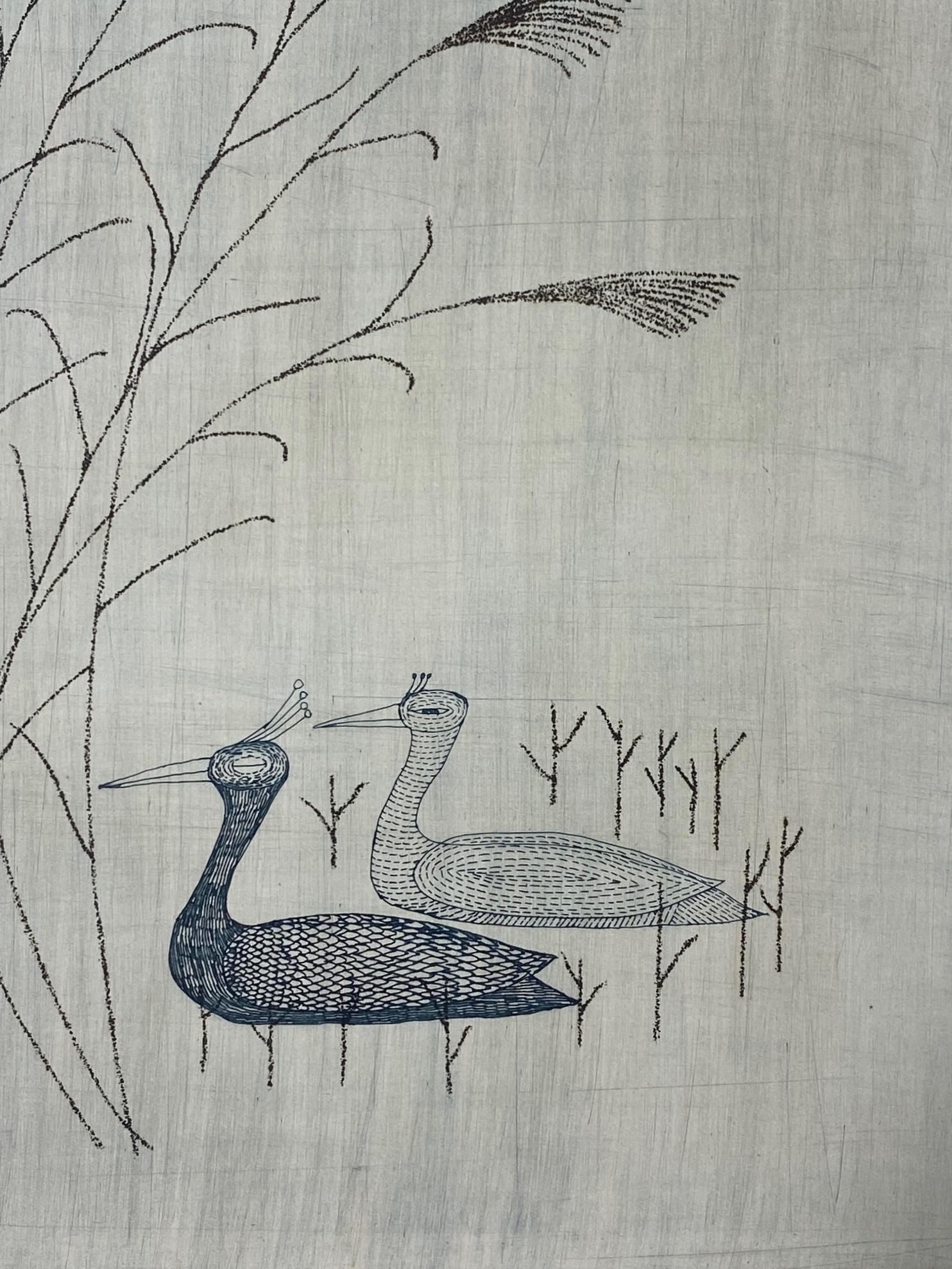 Keiko Minami Signed Large Limited Edition Japanese Etching Print Birds and Reeds In Good Condition For Sale In Studio City, CA