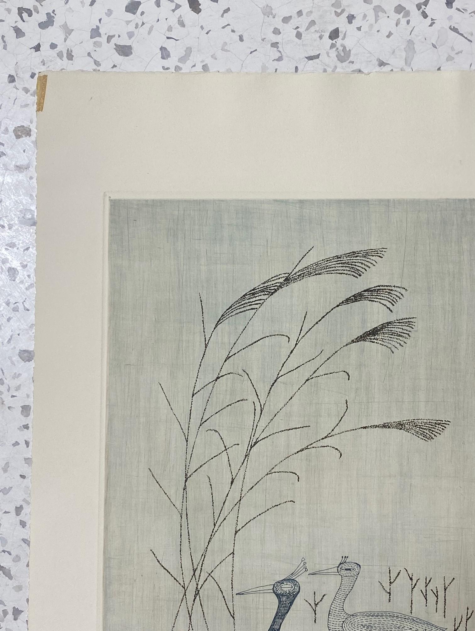Mid-20th Century Keiko Minami Signed Large Limited Edition Japanese Etching Print Birds and Reeds For Sale