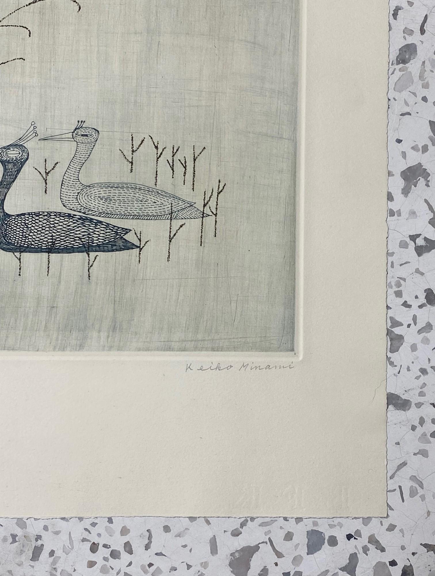 Keiko Minami Signed Large Limited Edition Japanese Etching Print Birds and Reeds For Sale 1