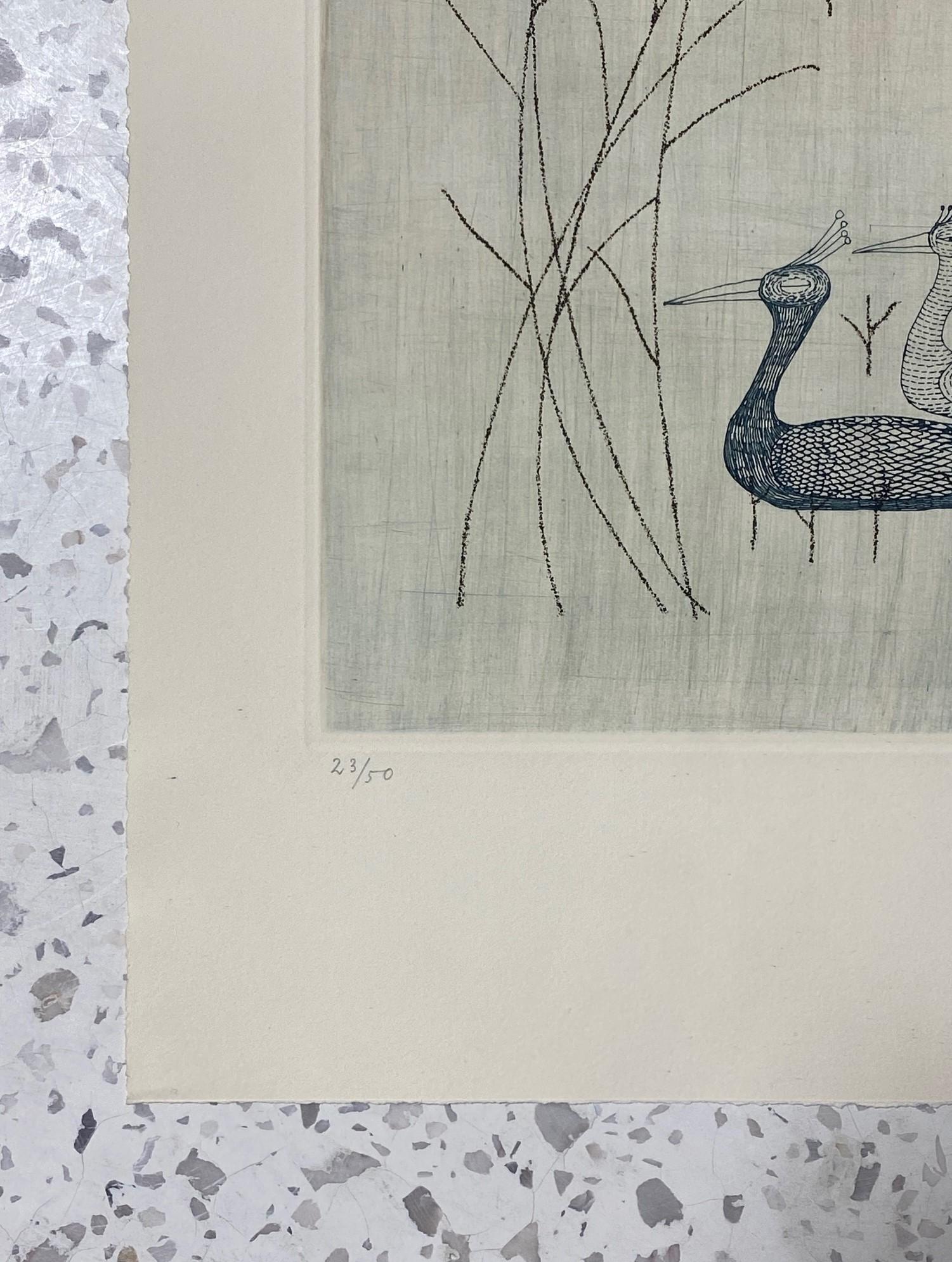 Keiko Minami Signed Large Limited Edition Japanese Etching Print Birds and Reeds For Sale 2