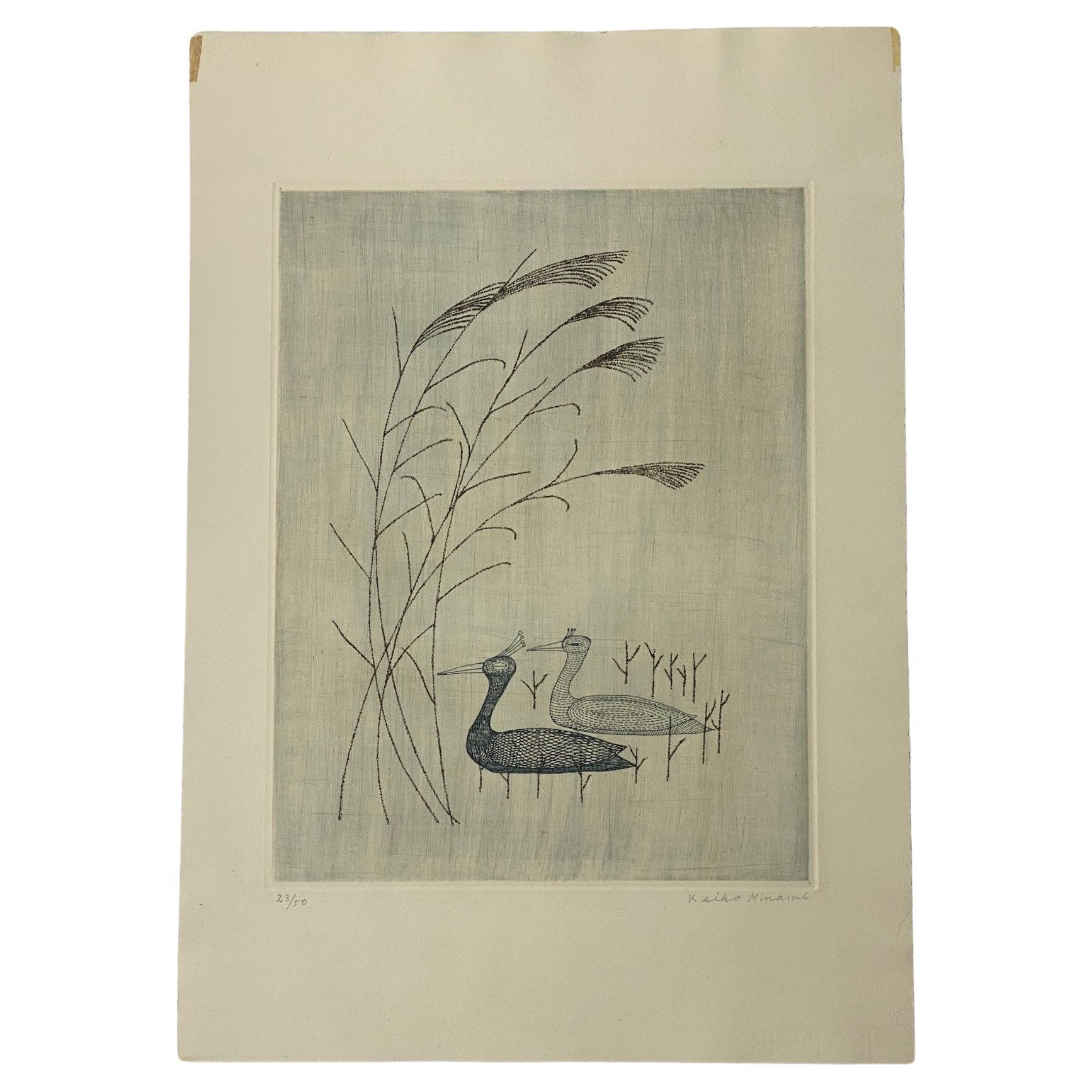 Keiko Minami Signierte große limitierte japanische limitierte Auflage japanischer Radierungsdruck Vögel und Schilf