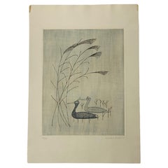 Antique Keiko Minami Signed Large Limited Edition Japanese Etching Print Birds and Reeds