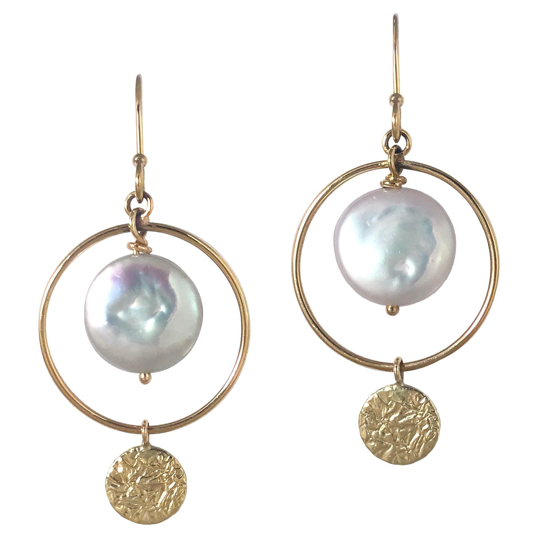 Keiko Mita 14 Karat Yellow Gold and Freshwater Coin Pearl Halo Earrings For Sale
