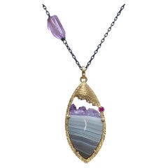 Keiko Mita Amethyst and Agate Pendant in a Gold Frame with Sapphire Accents