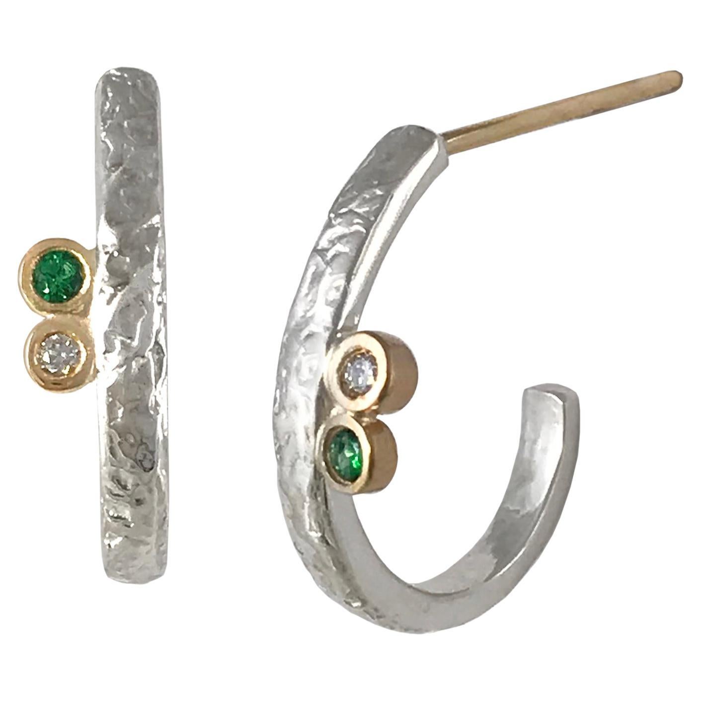 Keiko Mita Sterling Silver Lyla Hoops with Diamond and Green Garnet Accents For Sale