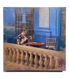 Chicago Theatre - Seated Woman Surrounded by Architectural Detail and Blue Walls