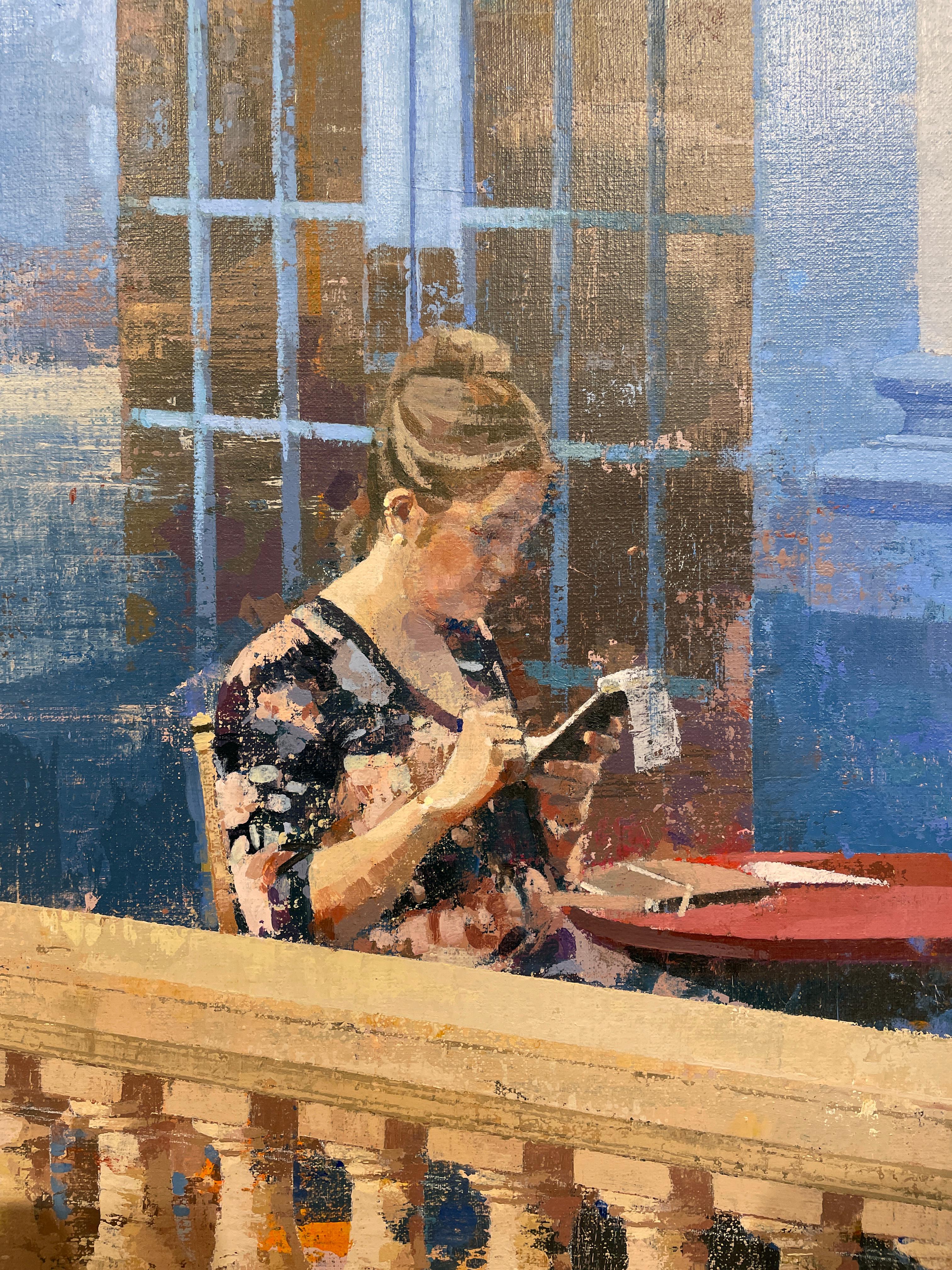 Chicago Theatre - Seated Woman Surrounded by Architectural Detail and Blue Walls - Contemporary Painting by Keiko Ogawa