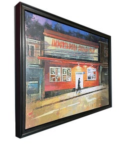 Nuit de Chiloé - Scène de rue urbaine au crépuscule, peinture originale, encadrée