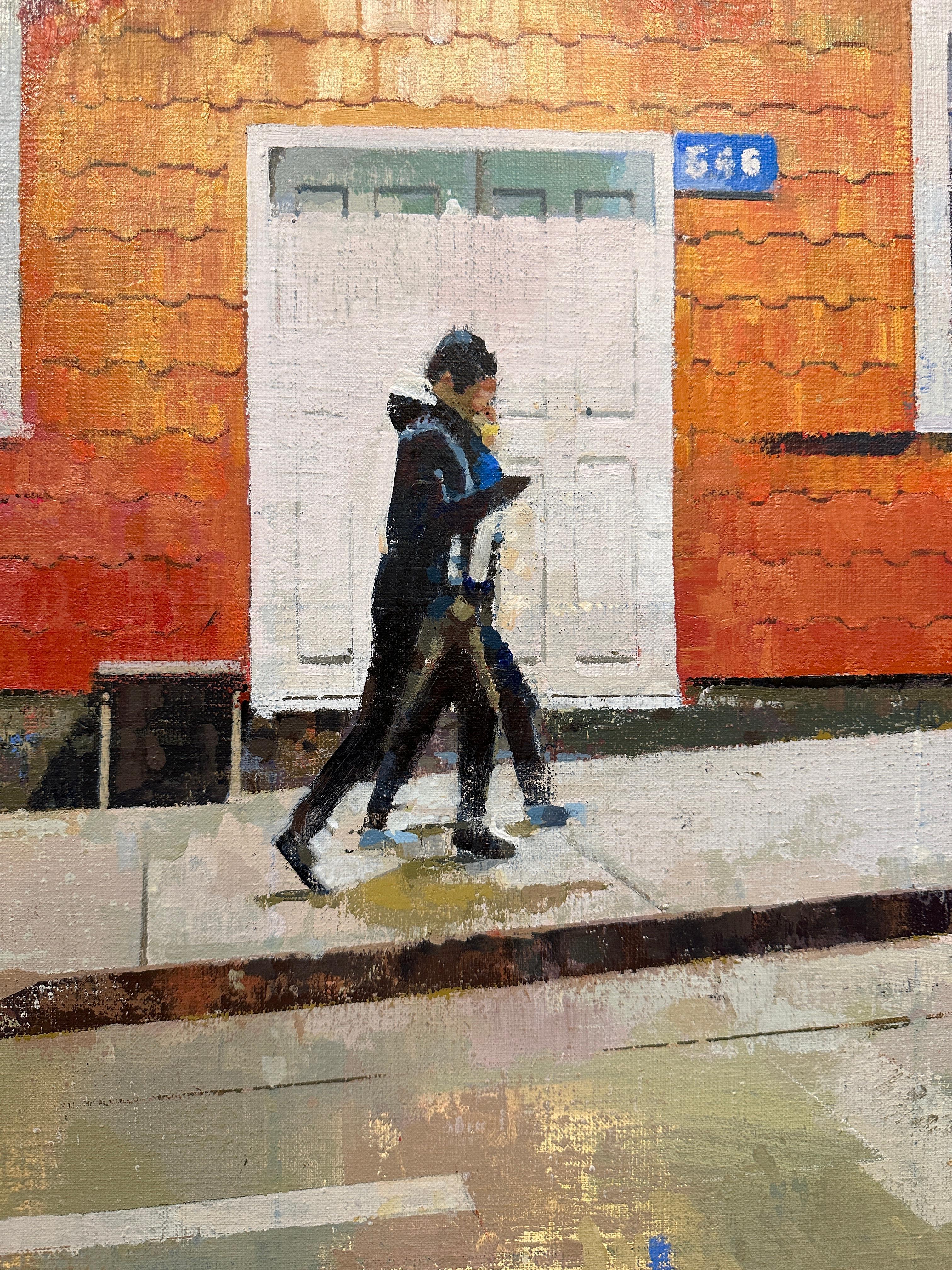 Chiloé Night - Urban Street Scene at Dusk, Original Painting, Framed For Sale 3