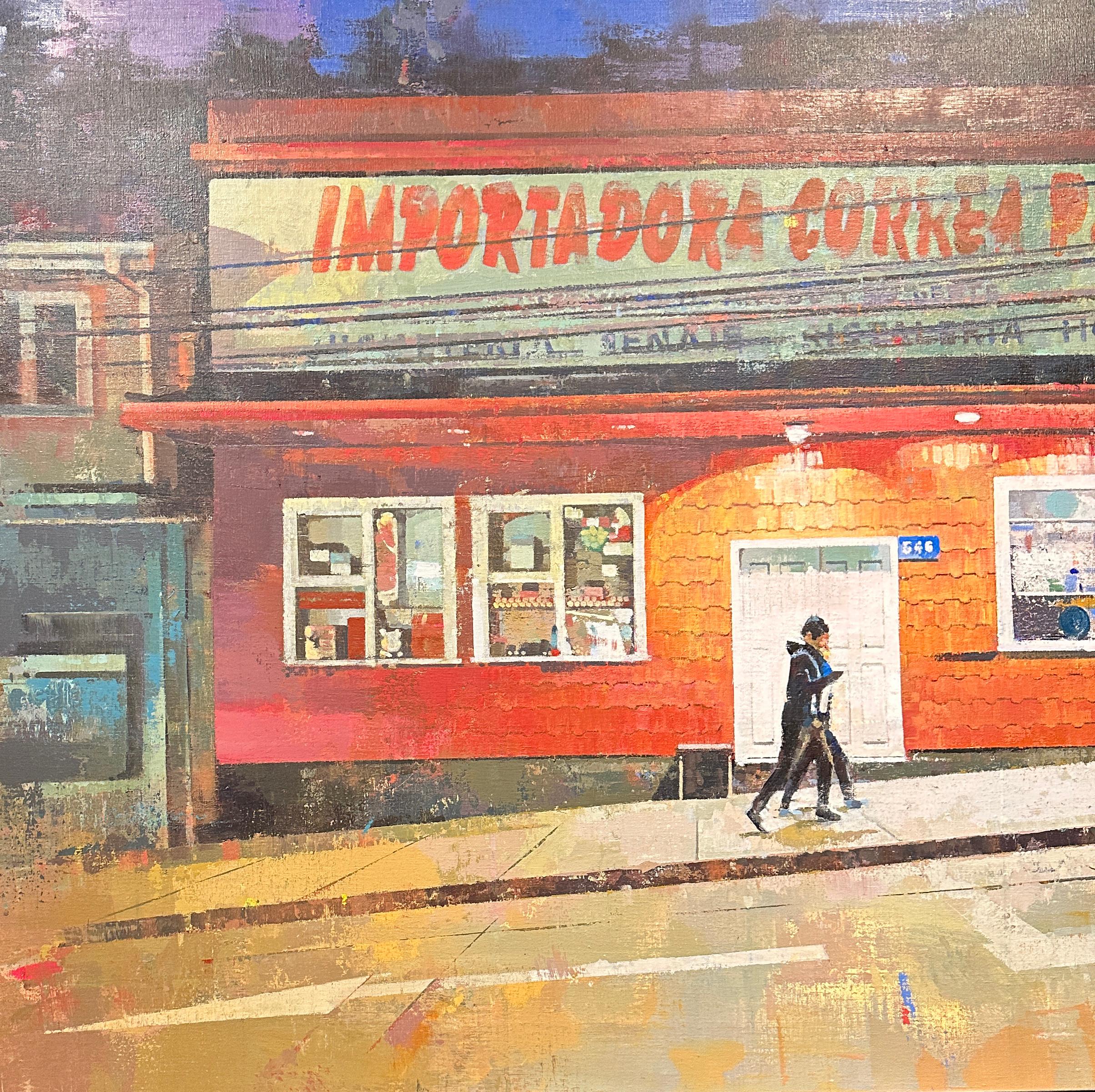 Chiloé Night - Urban Street Scene at Dusk, Original Painting, Framed For Sale 4