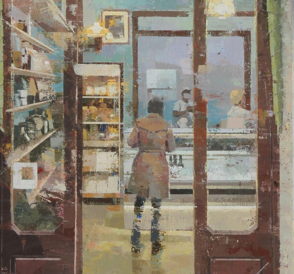 La Chitarra - Scena di strada urbana, dipinto originale, con cornice - Painting di Keiko Ogawa