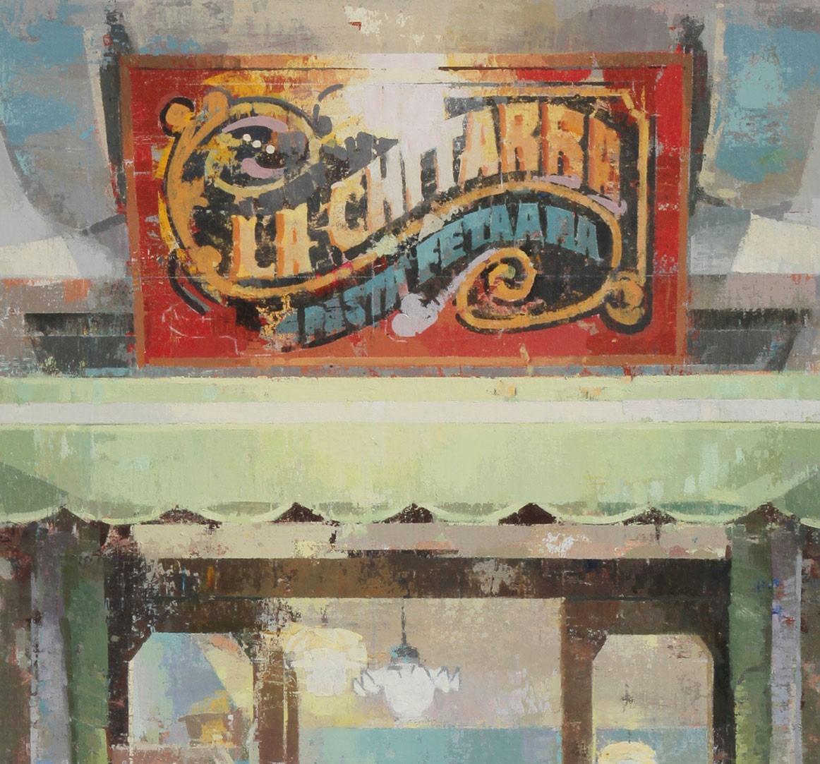 La Chitarra - Scena di strada urbana, dipinto originale, con cornice - Landscape Painting Marrone di Keiko Ogawa