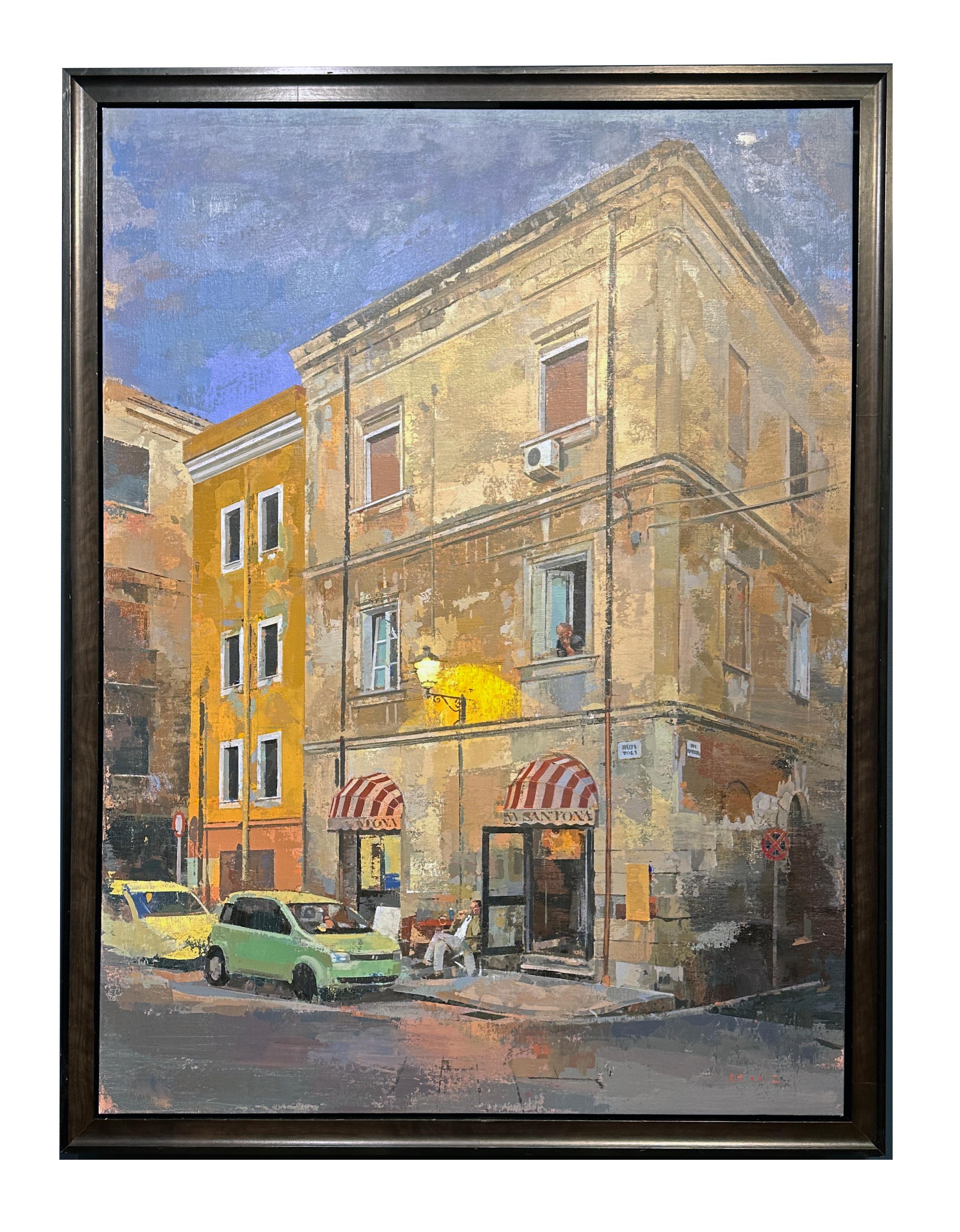 Piazza Tola - Tranquila Escena Urbana de Barrio, Pintura Original, Enmarcada - Painting de Keiko Ogawa