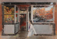 Smoke Daddy - Woman Walking Past a BBQ Joint in the City, Original Painting